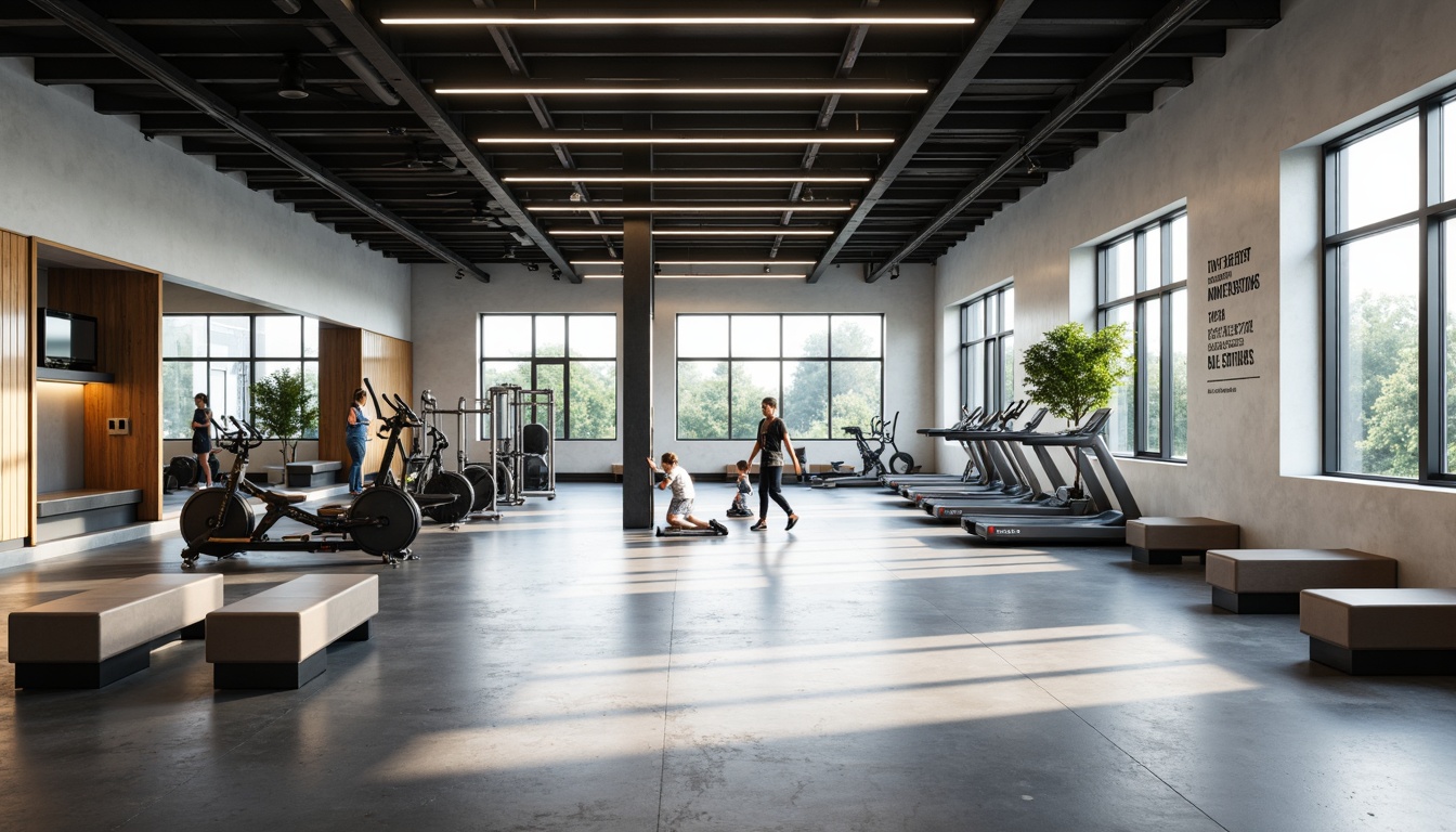 Prompt: Modern gymnasium interior, minimalistic design, clean lines, monochromatic color scheme, polished concrete floors, industrial metal beams, floor-to-ceiling windows, natural daylight, artificial track lighting, professional sports equipment, free weights, treadmills, exercise machines, mirrored walls, wooden accents, simple benches, motivational quotes, calm atmosphere, shallow depth of field, 1/1 composition, realistic textures, ambient occlusion.