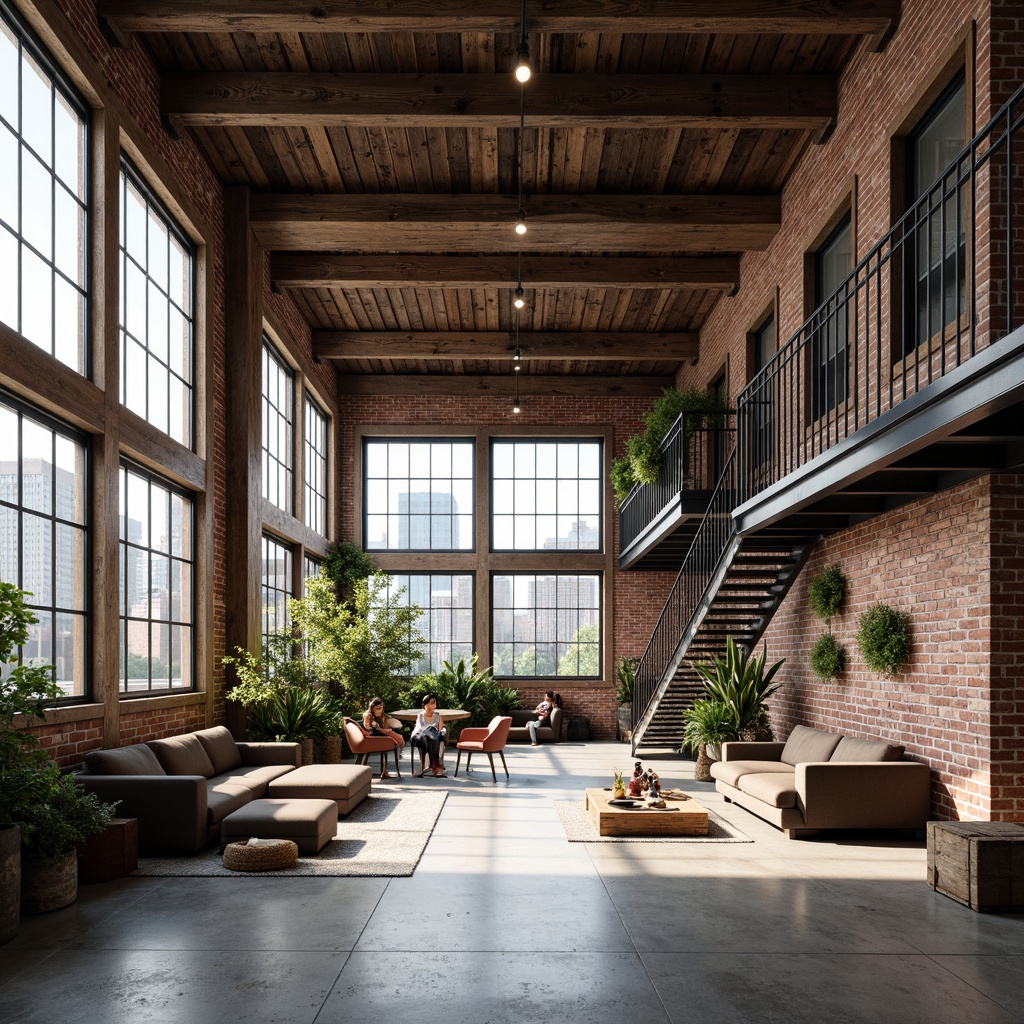 Prompt: Exposed brick walls, industrial metal beams, reclaimed wood accents, polished concrete floors, large windows, natural light, urban cityscape, converted warehouse, open floor plan, minimalist decor, functional lighting, metal staircases, distressed textures, earthy color palette, modern furniture pieces, greenery installations, living walls, urban loft atmosphere, warm softbox lighting, 1/1 composition, realistic render.