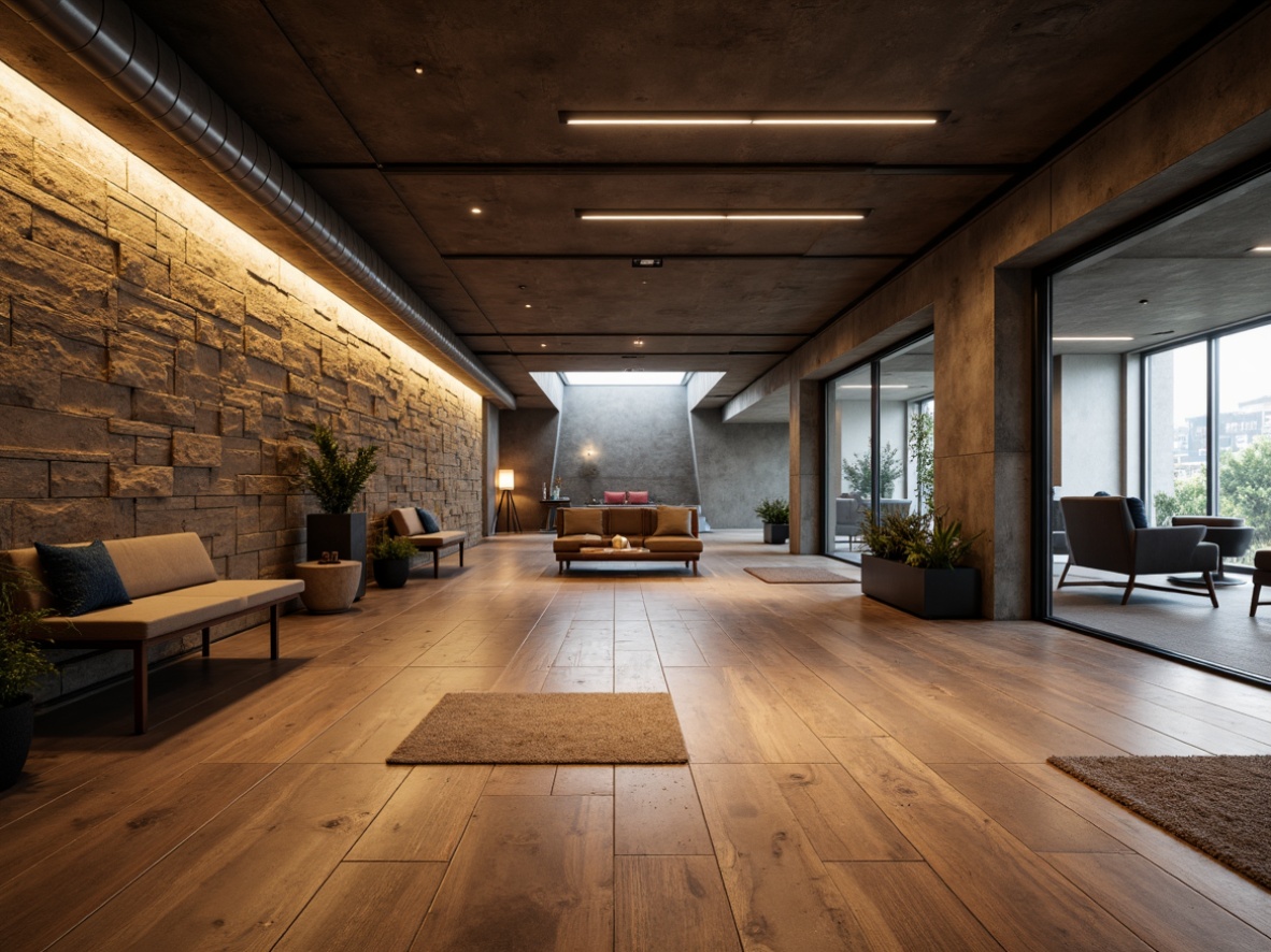 Prompt: Moisture-resistant basement floor, industrial-style concrete finish, warm epoxy coating, rustic wooden planks, modern porcelain tiles, textured carpeting, LED lighting strips, cozy seating areas, natural stone walls, earthy color palette, atmospheric fog effect, dramatic shadows, 1/1 composition, softbox lighting, realistic reflections.