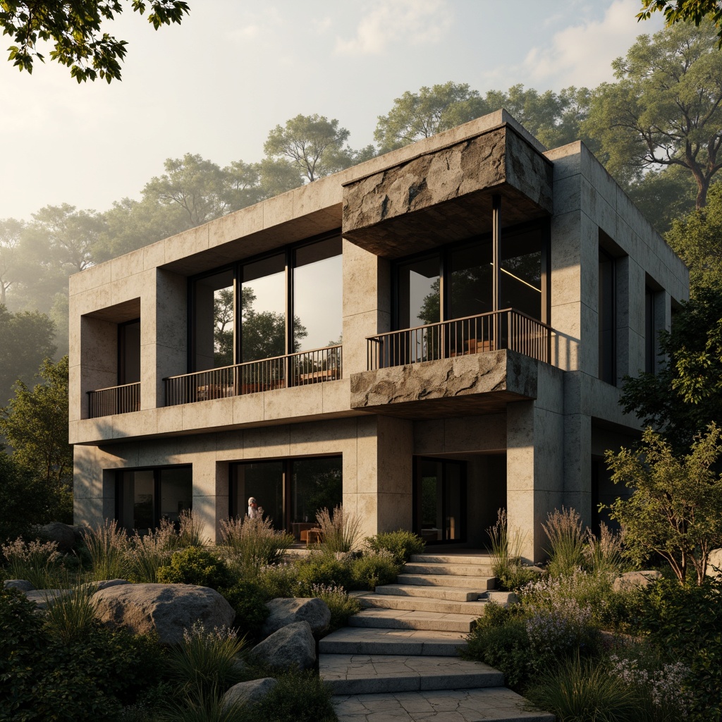 Prompt: Rugged villa, brutalist architecture, rough-hewn stone walls, textured concrete surfaces, weathered wooden accents, industrial metal frames, dramatic cantilevered roofs, dense forest surroundings, misty atmospheric conditions, warm golden lighting, high-contrast shadows, 1/2 composition, cinematic view, gritty realistic textures, ambient occlusion.