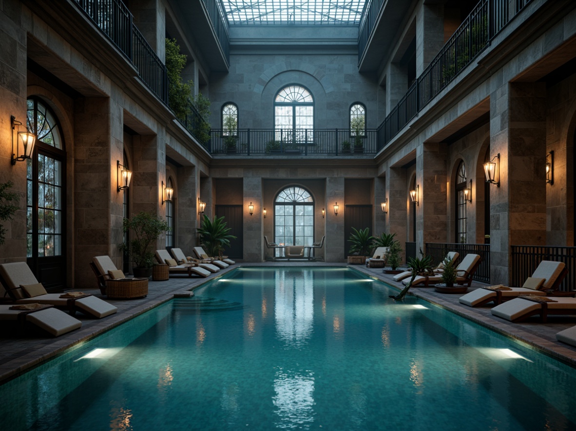 Prompt: Mysterious Gothic-inspired swimming pool, dark stone walls, ornate metal railings, grandiose arches, stained glass windows, luxurious velvet loungers, eerie lanterns, misty ambiance, soft warm lighting, shallow depth of field, 1/1 composition, realistic water ripples, ambient occlusion.