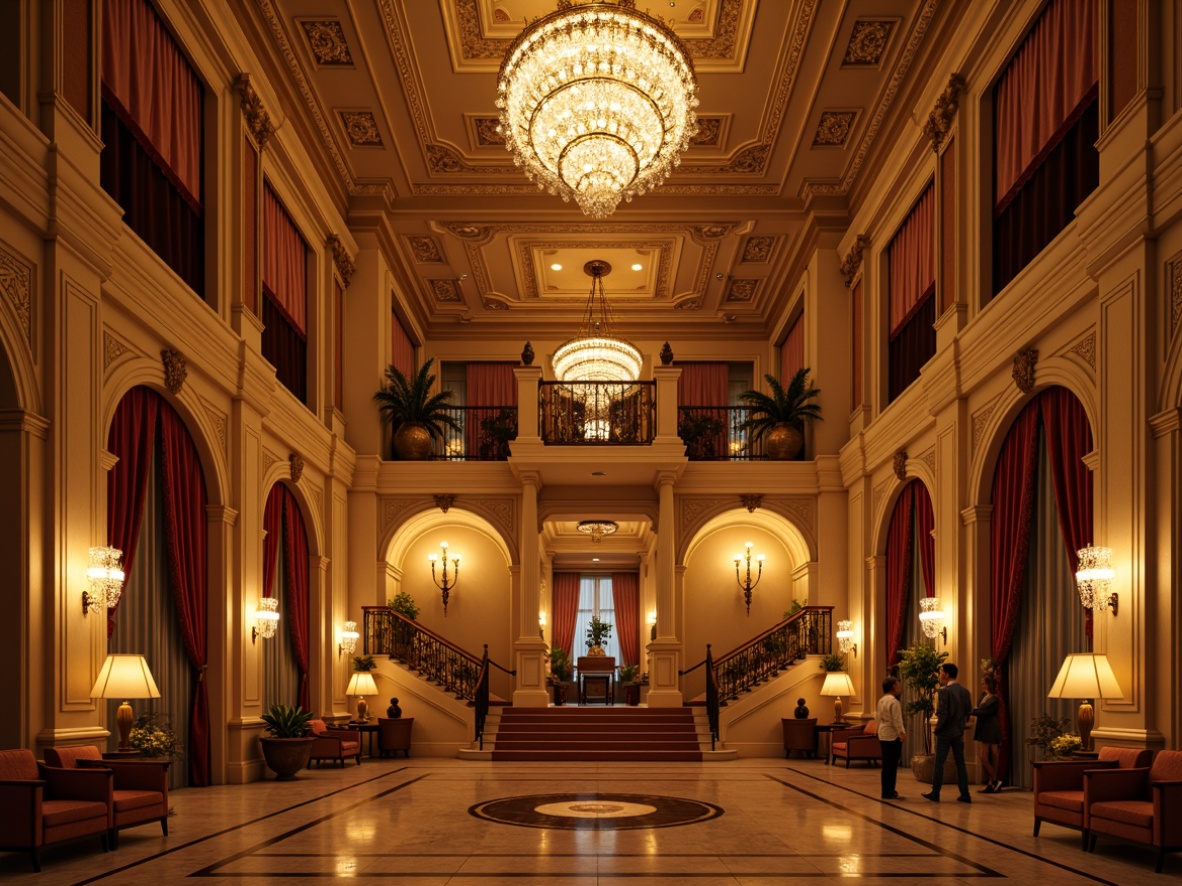 Prompt: Elegant amphitheater interior, classicism style, warm golden lighting, soft diffused glow, subtle shadows, ornate chandeliers, crystal pendant lights, floor lamps with sculpted details, rich velvet drapes, intricate moldings, high ceilings, grand staircases, luxurious marble floors, ornamental columns, decorative archways, warm beige walls, rich wood paneling, subtle ambient occlusion, realistic reflections, 1/2 composition, dramatic focal point, softbox lighting, cinematic atmosphere.