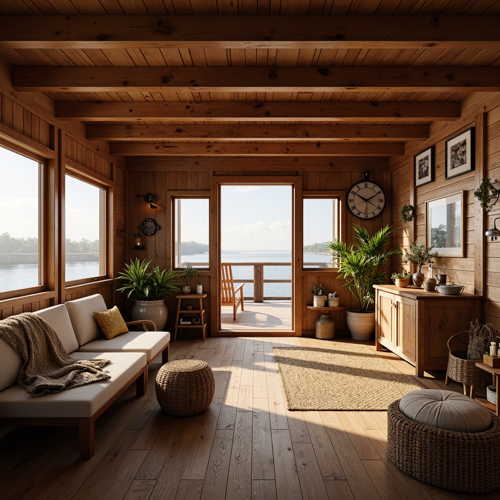 Prompt: Cozy boathouse interior, warm wood accents, rustic wooden planks, nautical-themed decorations, soft golden lighting, comfortable lounging areas, plush furniture, natural textiles, woven baskets, vintage navigation instruments, distressed wood finishes, earthy color palette, lakehouse-inspired atmosphere, serene waterfront views, subtle marine influences, elegant simplicity, 1/2 composition, warm color grading, shallow depth of field.