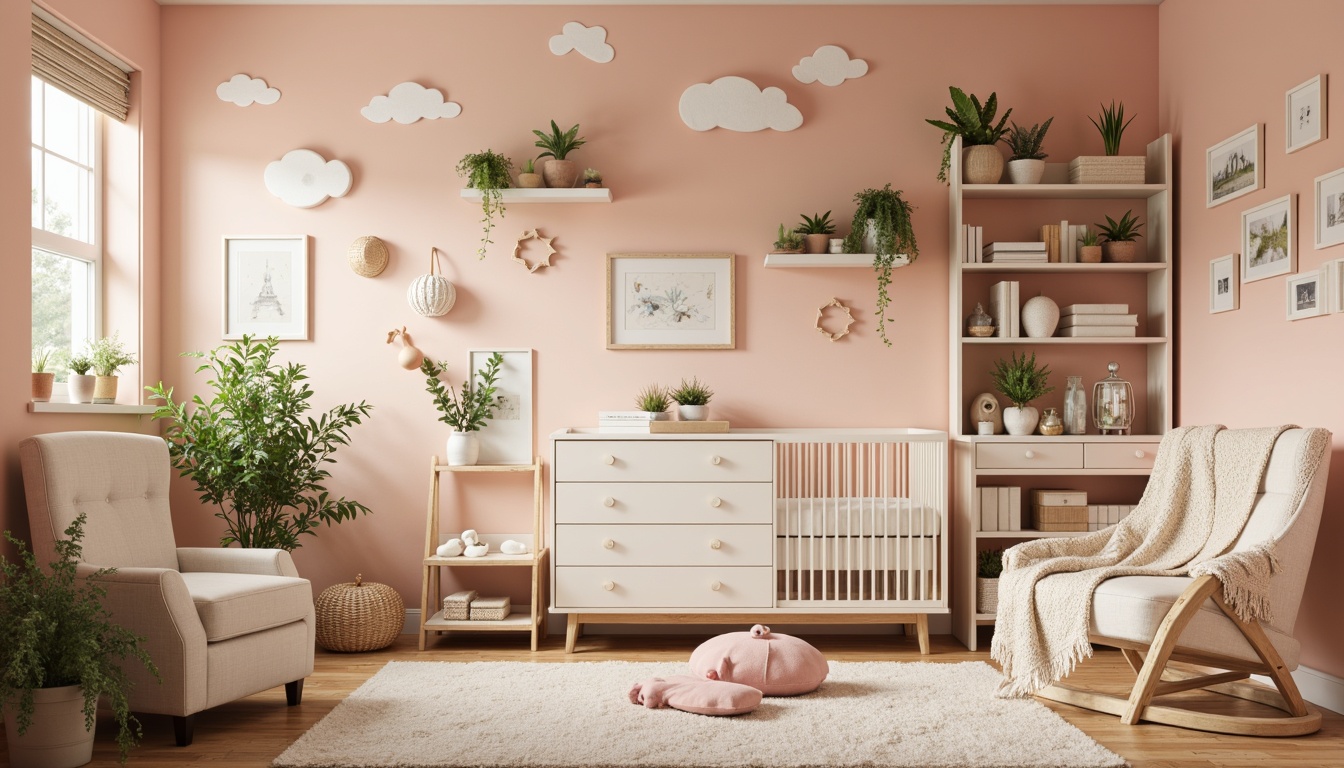 Prompt: Whimsical nursery, soft peach walls, creamy white furniture, pastel pink accents, muted gold decorations, delicate floral patterns, organic leaf shapes, gentle sage greenery, warm beige textiles, intricate wooden carvings, ornate metal fixtures, vintage-inspired accessories, dreamy cloud-like ceilings, subtle shimmering fabrics, romantic dim lighting, 1/2 composition, intimate atmosphere.