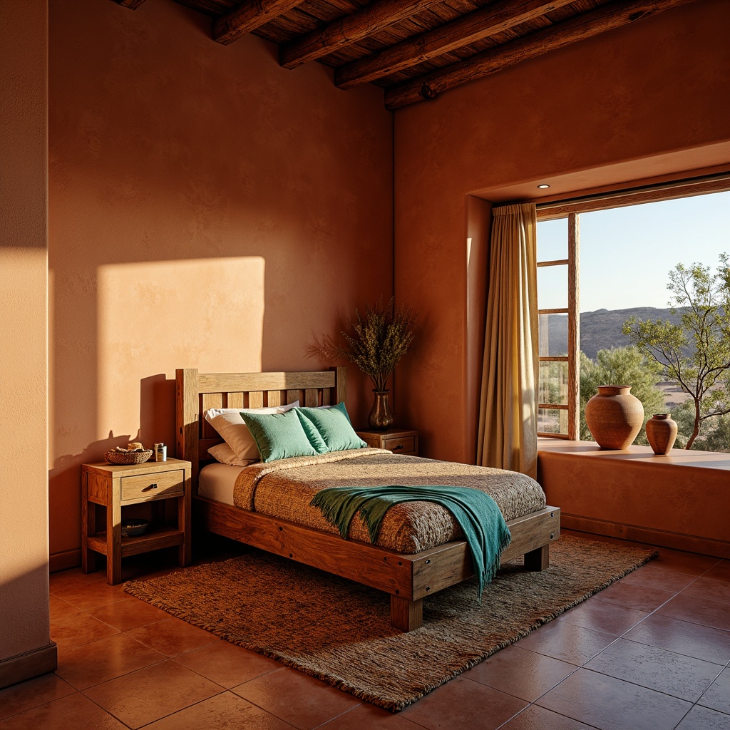 Prompt: Southwestern bedroom, warm terracotta walls, rustic wooden furniture, vibrant turquoise accents, woven textiles, natural fiber rugs, earthy pottery vases, candles, lanterns, soft warm lighting, shallow depth of field, 1/2 composition, cozy ambiance, dramatic shadows, warm beige tones, desert landscape views, adobe architecture inspiration, ambient occlusion.