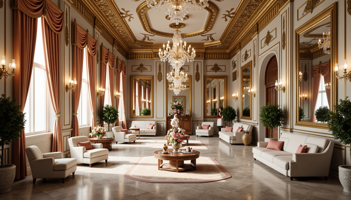 Prompt: Luxurious palace, ornate gold details, soft pastel hues, delicate florals, curved lines, intricate patterns, velvet fabrics, crystal chandeliers, marble floors, opulent furnishings, rich jewel tones, warm candlelight, 3/4 composition, shallow depth of field, realistic textures, ambient occlusion.