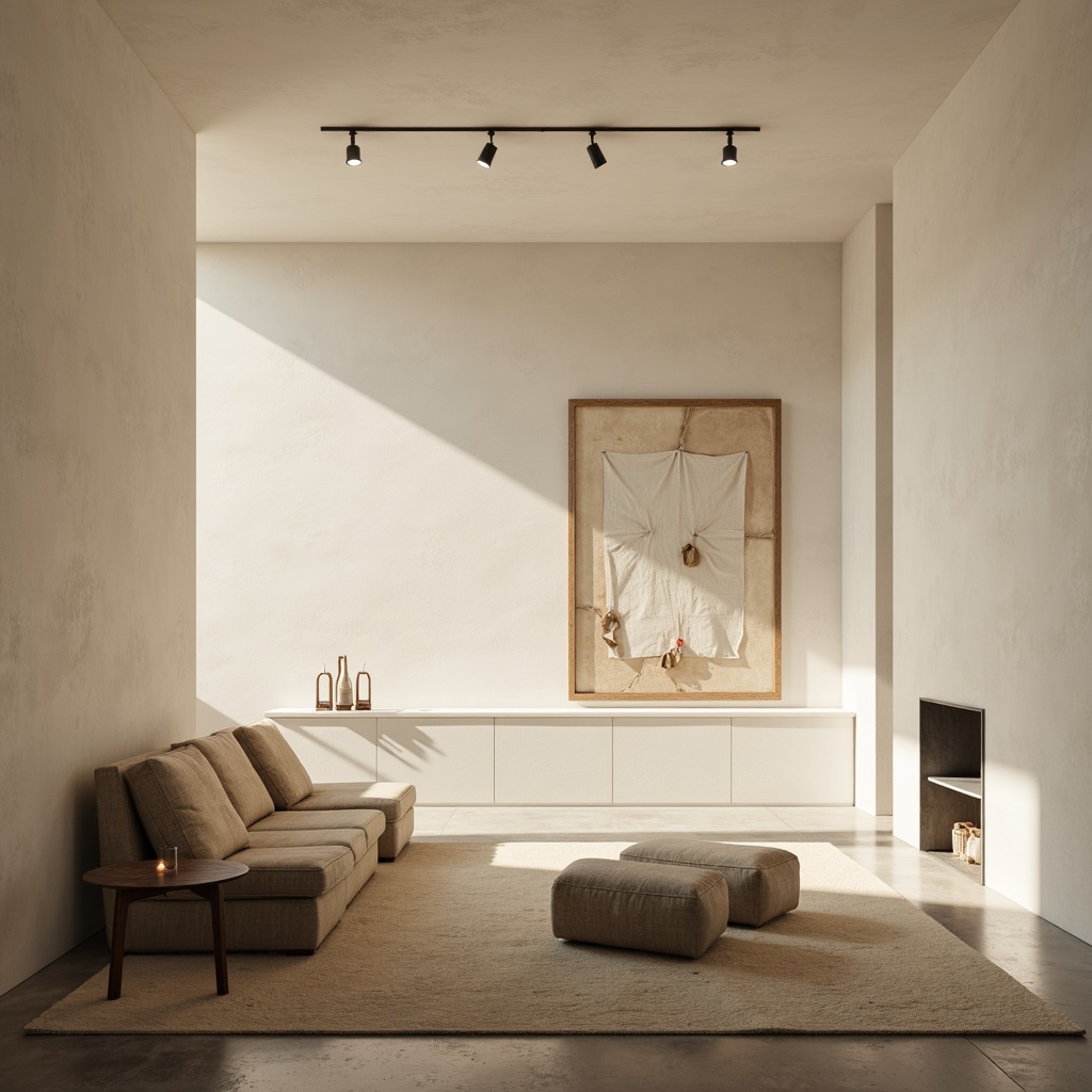 Prompt: Minimalist interior, soft warm glow, subtle shadows, recessed lighting, sleek metal fixtures, matte white walls, polished concrete floors, sparse decorative elements, low-profile furniture, natural textiles, ambient indirect lighting, 1/1 composition, shallow depth of field, high-key image, softbox lights, gentle gradients.