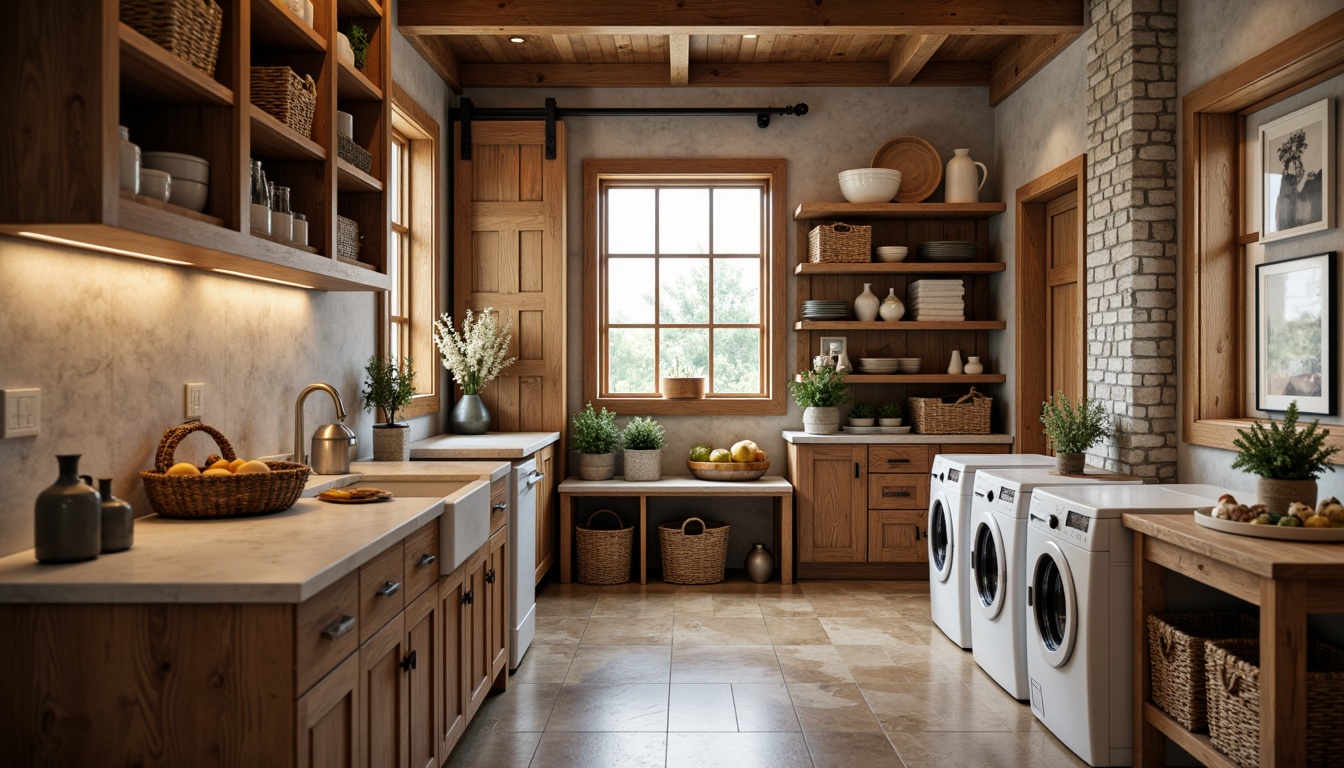 Prompt: Rustic laundry room, wooden cabinets, woven baskets, natural stone countertops, earthy color palette, modern farmhouse style, ample storage space, sliding barn doors, metal hardware, distressed finishes, soft warm lighting, shallow depth of field, 1/2 composition, realistic textures, ambient occlusion.