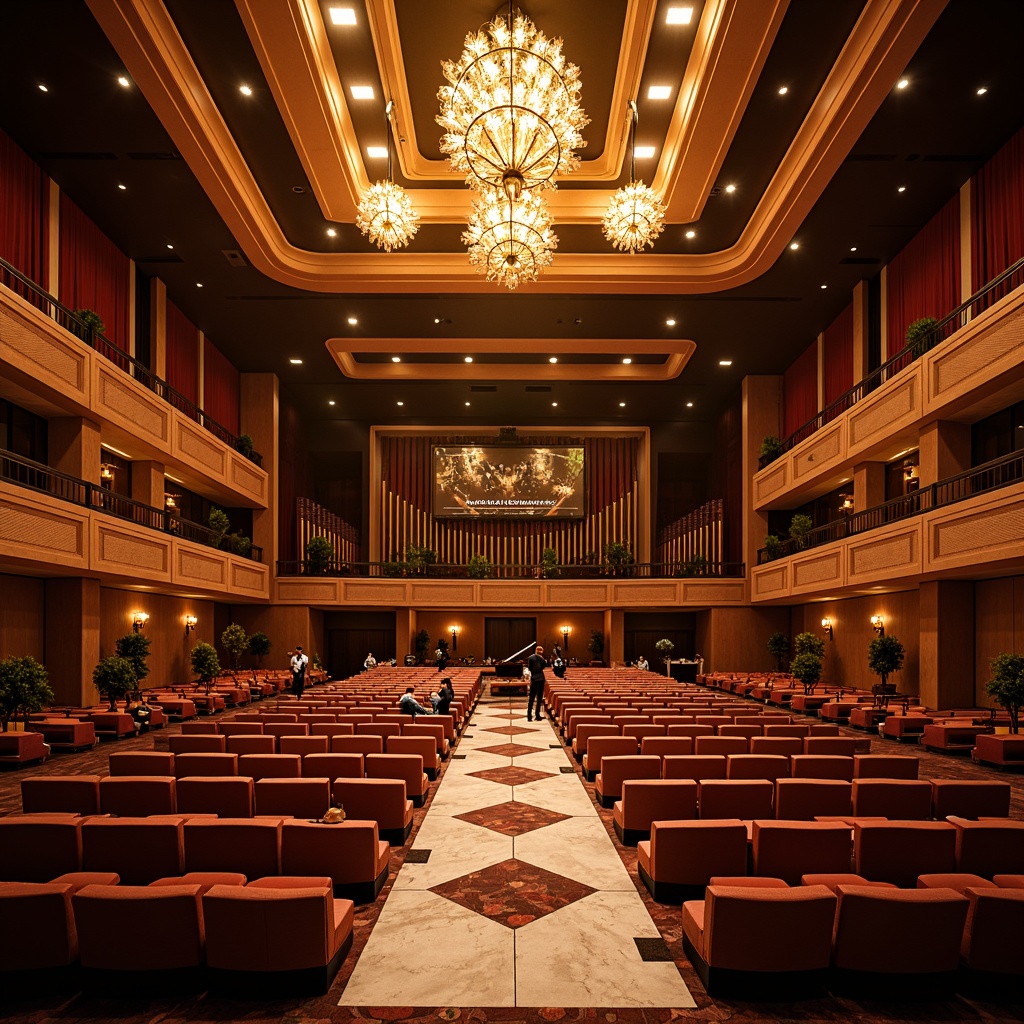 Prompt: Elegant concert hall, ornate chandeliers, warm golden lighting, rich wood tones, plush velvet seats, sophisticated sound systems, grand pianos, acoustic panels, refined architecture, high ceilings, crystal-clear glass doors, polished marble floors, soft warm glow, subtle color temperature, 1/1 composition, realistic textures, ambient occlusion, dramatic spotlights, gentle wash lights, intimate atmosphere, serene ambiance.