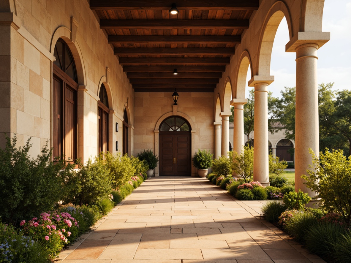 Prompt: Warm beige stone columns, soft cream marble accents, rustic terracotta flooring, lush green foliage, vibrant Mediterranean flowers, ornate bronze details, subtle arches, classical pediments, dramatic spotlights, warm golden lighting, shallow depth of field, 2/3 composition, symmetrical framing, realistic textures, ambient occlusion.