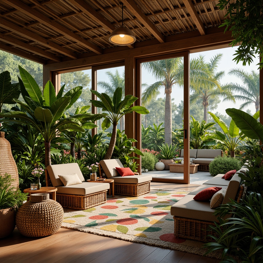 Prompt: Lush tropical interior, exotic plants, vibrant greenery, wicker furniture, rattan decor, natural textiles, earthy tones, warm ambient lighting, wooden accents, leaf-patterned rugs, colorful ceramics, statement walls, geometric patterns, oversized windows, sliding glass doors, breezy atmosphere, natural ventilation, organic shapes, eclectic accessories, bohemian vibe, relaxed ambiance.