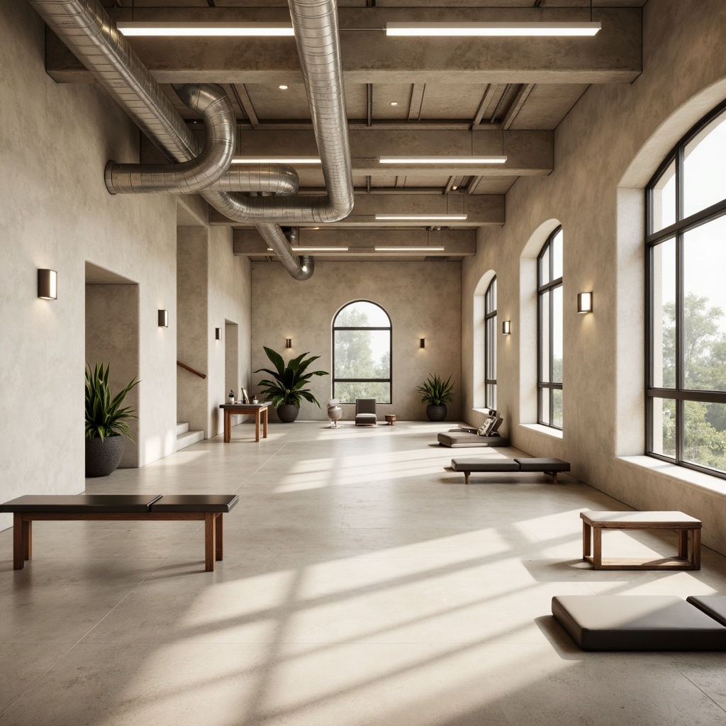 Prompt: Monochromatic gym interior, minimalistic design, neutral color palette, soft beige walls, polished concrete floors, industrial-style lighting fixtures, sleek metal equipment, clean lines, simple shapes, open spaces, natural ventilation systems, subtle texture variations, muted earthy tones, calm atmosphere, soft diffused lighting, shallow depth of field, 1/1 composition, realistic renderings, ambient occlusion.