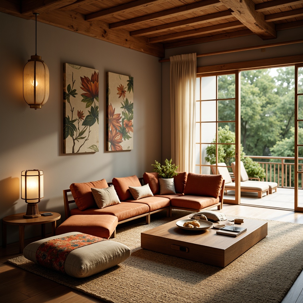 Prompt: Serene Asian-style living room, traditional Japanese sliding doors, natural wood accents, woven bamboo flooring, minimalist decor, low-seating furniture, intricately carved wooden coffee tables, plush silk upholstery, vibrant Asian-inspired textiles, delicate paper lanterns, warm soft lighting, shallow depth of field, 1/1 composition, realistic wood textures, ambient occlusion.