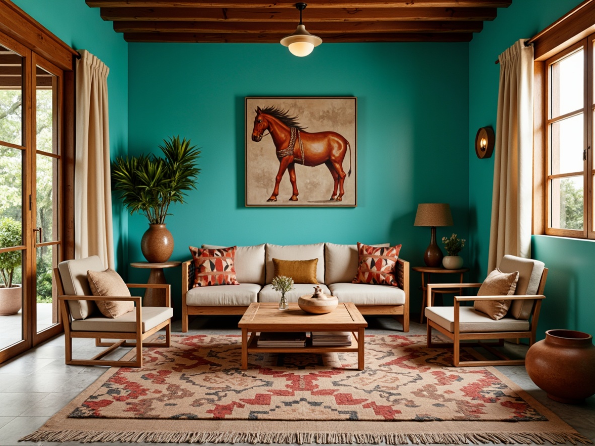 Prompt: Vibrant turquoise walls, rustic wooden furniture, woven Navajo-patterned rugs, plush Aztec-inspired throw pillows, natural fiber textiles, earthy terracotta vases, authentic Native American pottery, warm candlelight, soft beige curtains, abstract geometric patterns, distressed wood accents, vintage Spanish colonial decor, lush greenery, blooming cacti, warm sandy tones, cozy reading nooks, 3/4 composition, shallow depth of field, panoramic view, realistic textures, ambient occlusion.