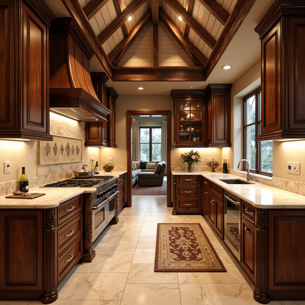 Prompt: Luxurious kitchen, rich wood tones, ornate carvings, polished chrome handles, soft-close drawers, ambient lighting, creamy marble countertops, sleek appliances, warm beige walls, plush area rug, natural stone flooring, rustic wooden beams, elegant crown molding, sophisticated color palette, 1/1 composition, shallow depth of field, realistic textures, warm softbox lighting.