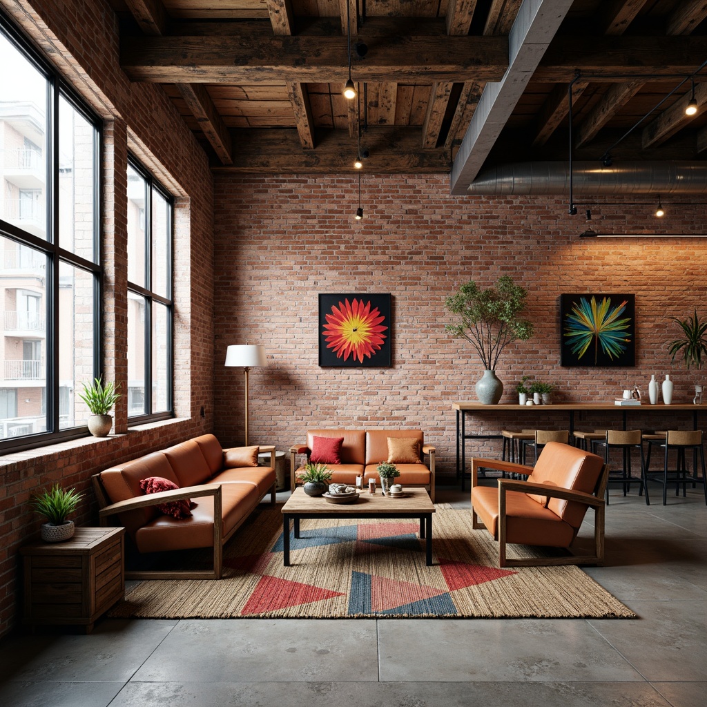 Prompt: Exposed brick walls, metal beams, reclaimed wood accents, industrial-style lighting fixtures, distressed leather sofas, vintage factory tables, concrete floors, bold color pops, vibrant artwork, eclectic decorative pieces, urban loft atmosphere, natural light pouring in, shallow depth of field, 3/4 composition, realistic textures, ambient occlusion.