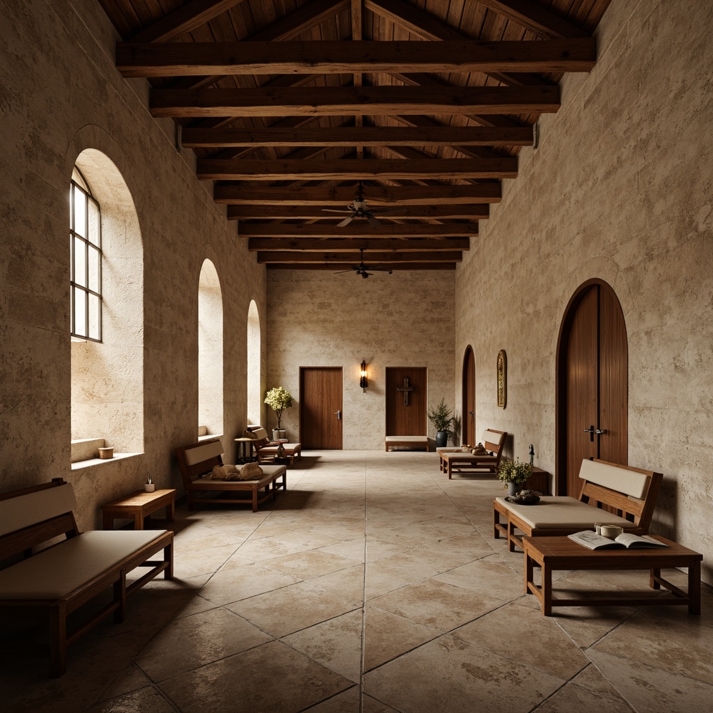 Prompt: Serene monastery interior, natural stone walls, wooden beam ceilings, rustic wooden floors, minimalist decor, simple benches, candles, spiritual symbols, peaceful ambiance, soft warm lighting, shallow depth of field, 1/1 composition, realistic textures, ambient occlusion, calm atmosphere, subtle color palette, earthy tones, neutral fabrics, gentle curves, harmonious proportions, functional simplicity, monastic humility.