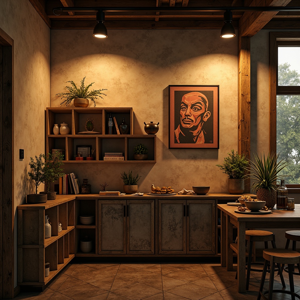 Prompt: Rich earthy tones, warm beige walls, rustic wooden crates, vintage metal cabinets, distressed finishes, eclectic decorative accents, bold abstract artwork, industrial-style lighting fixtures, moody atmospheric shadows, soft warm glow, 1/2 composition, intimate close-up shots, realistic textures, ambient occlusion.