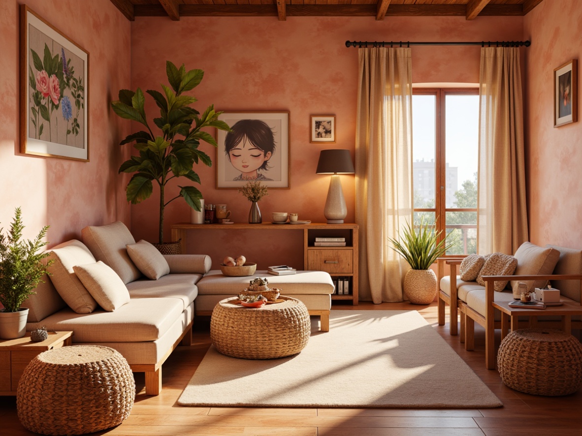 Prompt: Warm peach hues, soft pastel shades, inviting color scheme, rustic wooden textures, vintage distressed finishes, cozy intimate spaces, natural stone accents, earthy terracotta tones, delicate florals, whimsical illustrations, creamy whites, golden lighting, shallow depth of field, 1/1 composition, romantic ambiance, realistic fabrics, ambient occlusion.