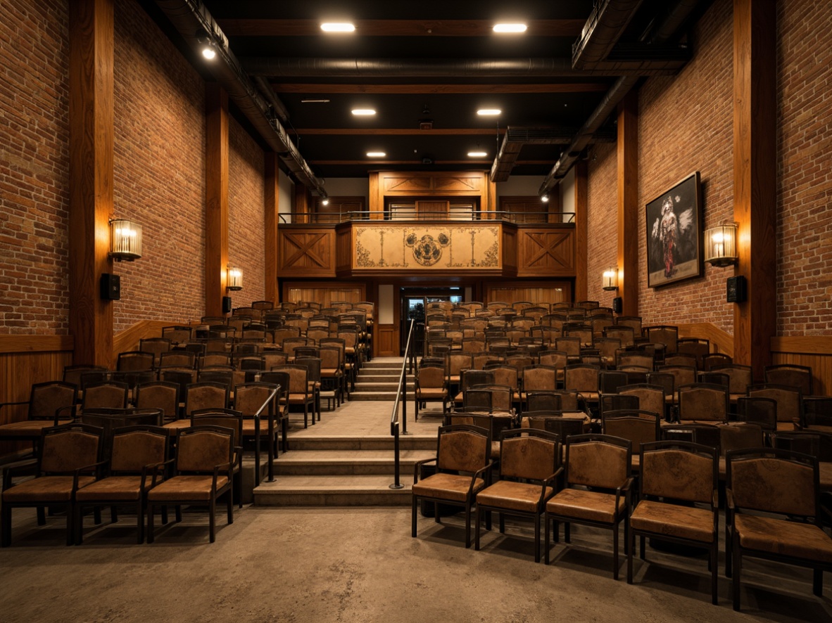 Prompt: Rustic theater interior, industrial-style seating arrangement, distressed wood benches, metal frame chairs, vintage lighting fixtures, exposed brick walls, concrete floors, urban loft atmosphere, dramatic spotlights, warm golden lighting, shallow depth of field, 2/3 composition, cinematic perspective, realistic textures, ambient occlusion.