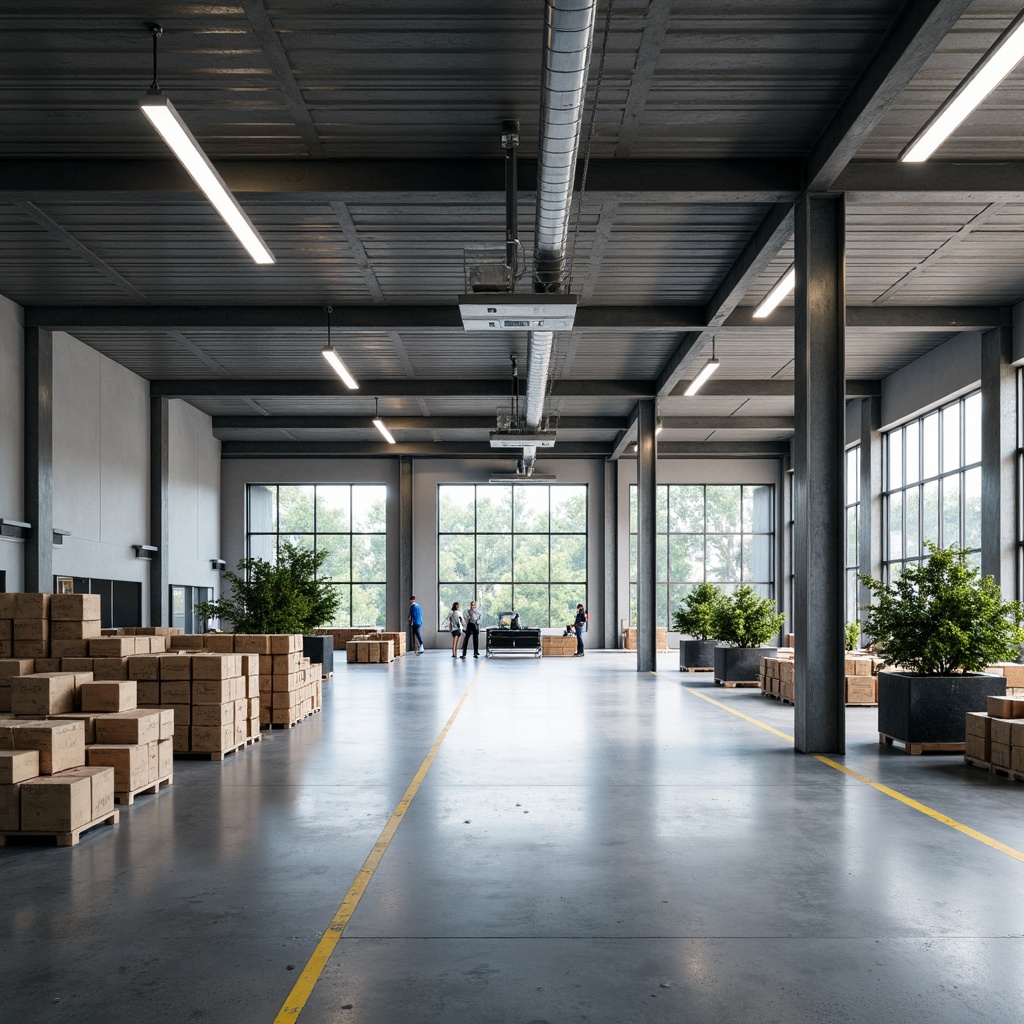 Prompt: Industrial distribution center, open space layout, minimalist aesthetic, clean lines, monochromatic color scheme, polished concrete floors, exposed ductwork, metal shelving units, sleek LED lighting, modern warehouse equipment, high ceilings, abundant natural light, sparse greenery, functional simplicity, 1/1 composition, softbox lighting, realistic reflections, ambient occlusion.