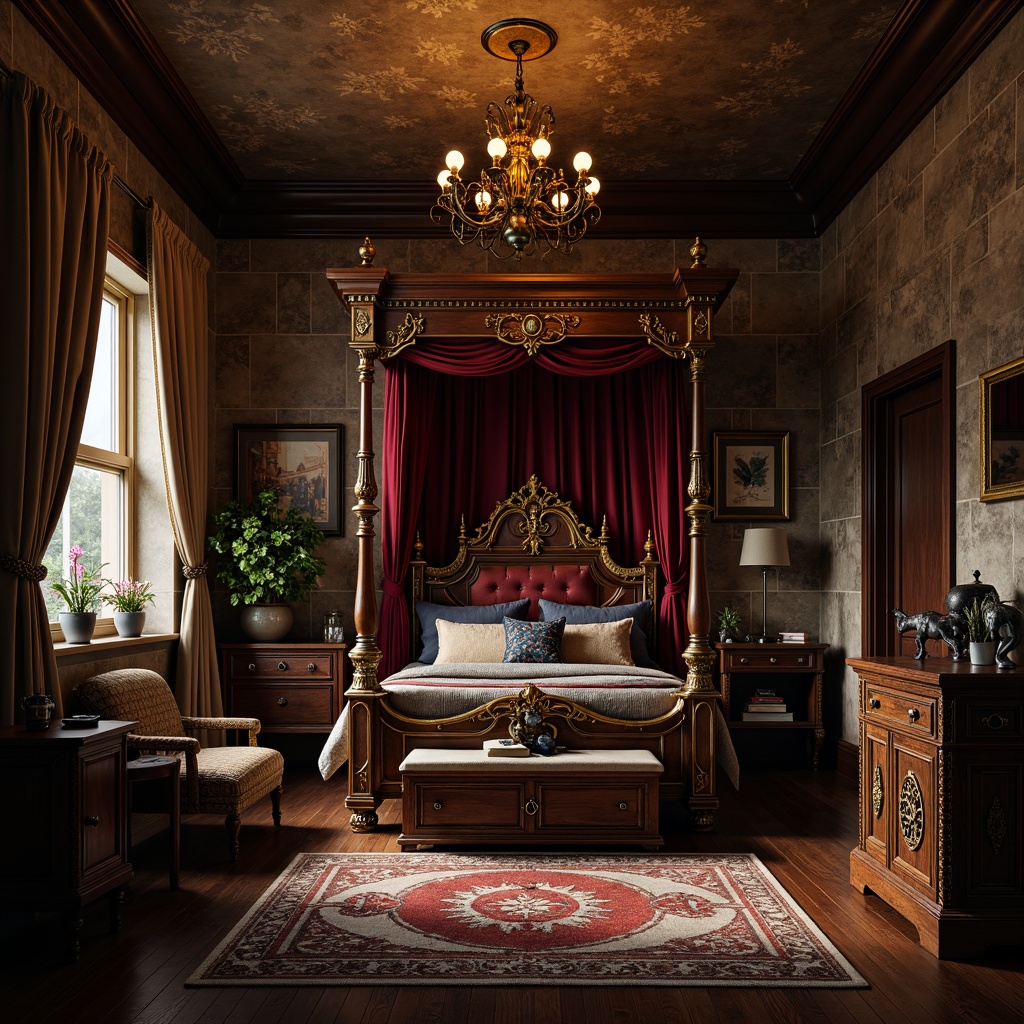 Prompt: Dark academia-inspired kids' room, mysterious atmosphere, medieval-era furniture, ornate wooden carvings, mystical symbols, rich velvet fabrics, heavy drapery, grandiose four-poster bed, intricately designed dresser, regal throne-like chair, stone-textured walls, dimly lit chandelier, warm golden lighting, mysterious shadows, 1/1 composition, low-angle shot, dramatic depth of field, realistic wood grain textures.