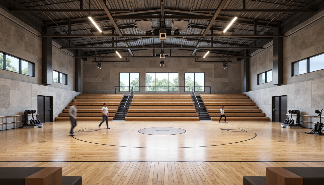 Prompt: Polished wooden floors, minimalist bleachers, industrial metal beams, exposed concrete walls, raw steel pillars, sleek glass railings, functional fitness equipment, modern LED lighting, abstract geometric patterns, subtle color palette, spacious open layout, high ceilings, natural ventilation, abundant daylight, soft diffused shadows, shallow depth of field, 3/4 composition, panoramic view, realistic textures, ambient occlusion.