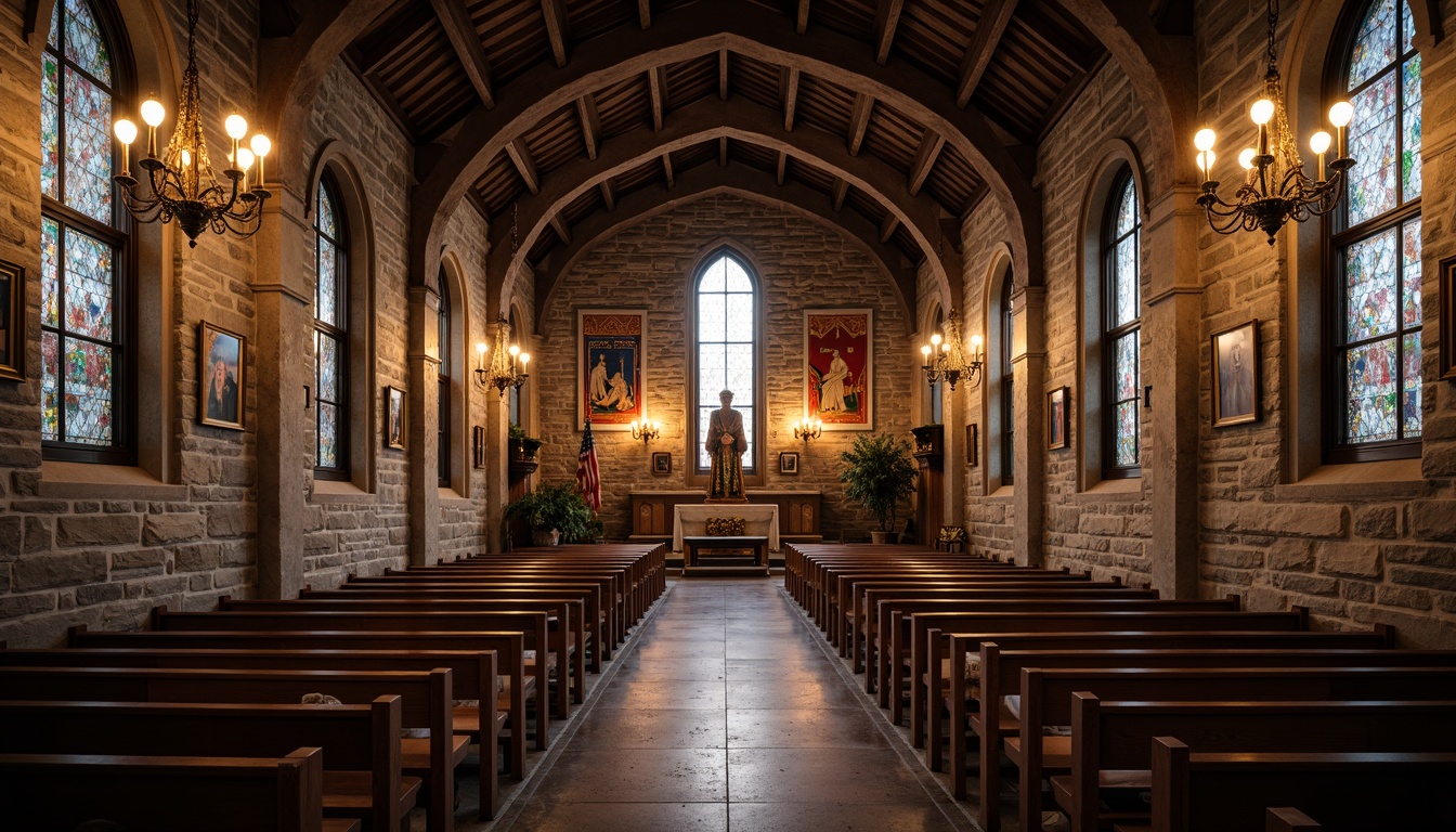 Prompt: Rustic church interior, vaulted ceilings, stone walls, wooden pews, stained glass windows, grand chandeliers, ornate altar, rich tapestries, warm candlelight, soft shadows, 1/1 composition, symmetrical framing, high contrast lighting, realistic textures, ambient occlusion.