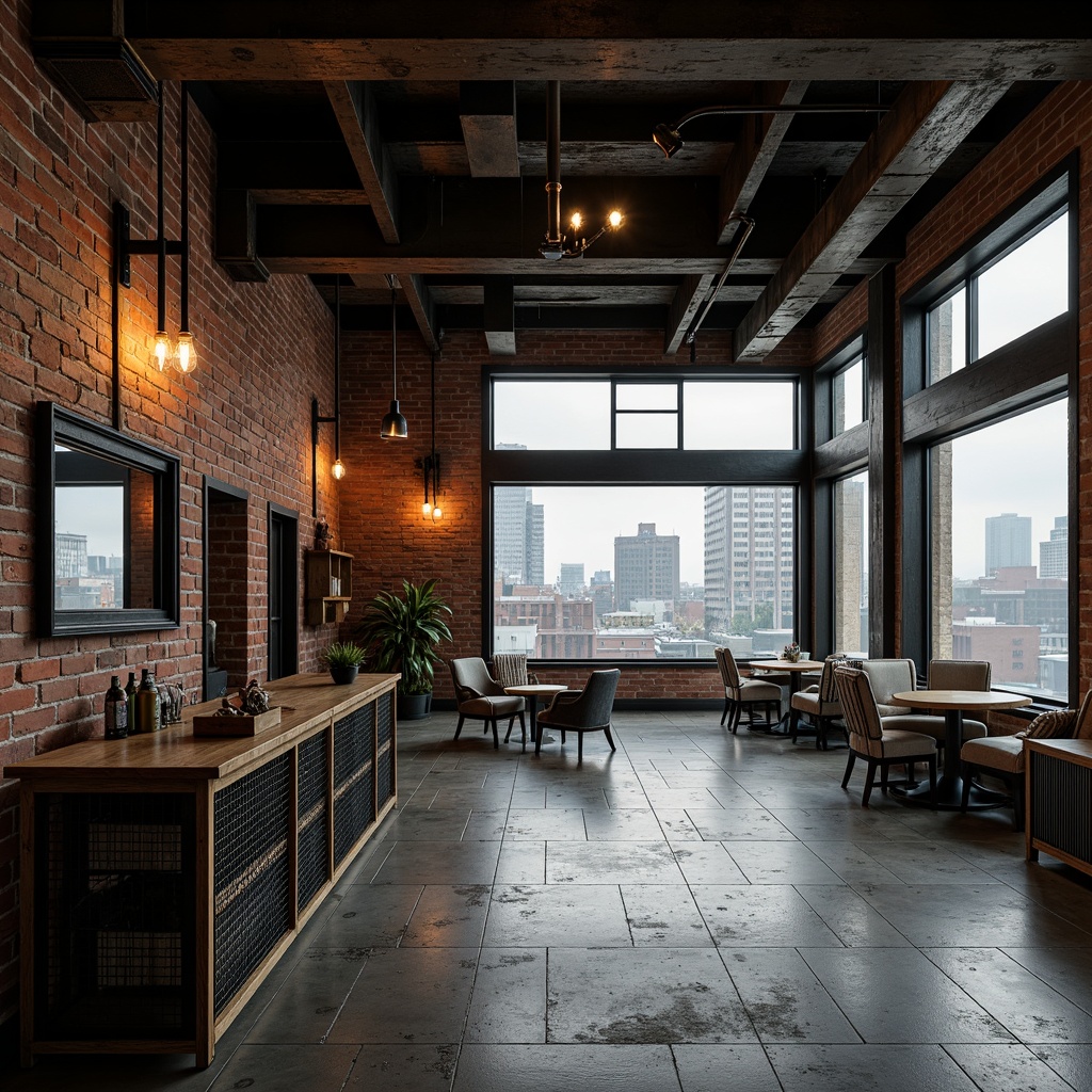 Prompt: Exposed brick walls, industrial metal beams, reclaimed wood accents, distressed concrete floors, vintage factory windows, metal mesh railings, Edison bulb lighting, urban cityscape views, overcast skies, dramatic high ceilings, open floor plan, functional industrial pipes, minimalist decor, monochromatic color scheme, rough-textured materials, atmospheric misty lighting, 3/4 composition, cinematic camera angles, gritty realistic textures.