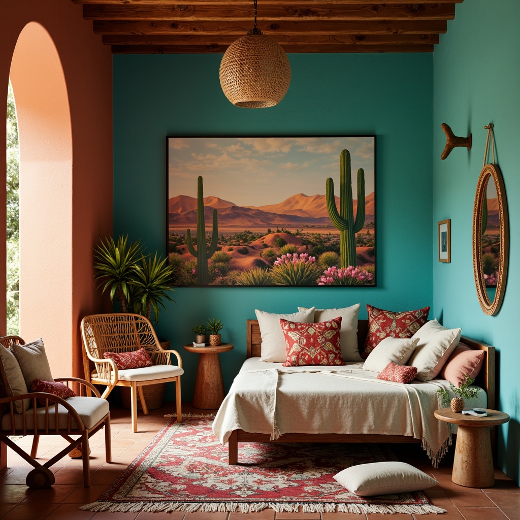 Prompt: Vibrant turquoise accents, earthy terracotta tones, rustic wooden furniture, woven tapestries, colorful serape blankets, geometric patterned rugs, natural linen bedding, desert-inspired artwork, cactus silhouettes, woven wicker baskets, rattan mirror frames, Moroccan-style tiles, warm golden lighting, 1/2 composition, soft focus, atmospheric misting.