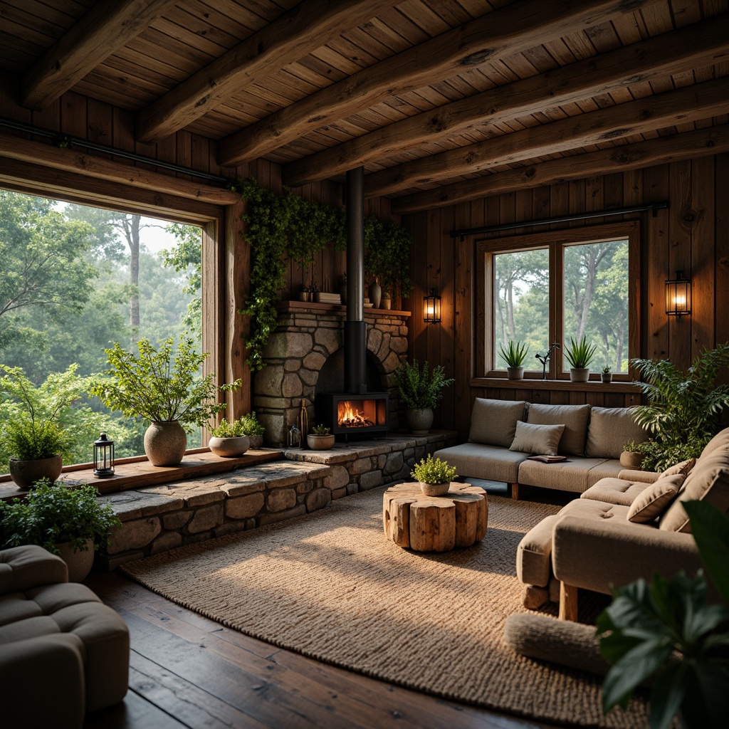 Prompt: Rustic wooden cabin, natural stone foundation, earthy tones, lush greenery, vines crawling walls, distressed wood planks, metal lanterns, cozy fireplace, plush furnishings, woven textiles, vintage decor, secluded forest setting, misty morning atmosphere, warm soft lighting, shallow depth of field, 2/3 composition, realistic textures, ambient occlusion.