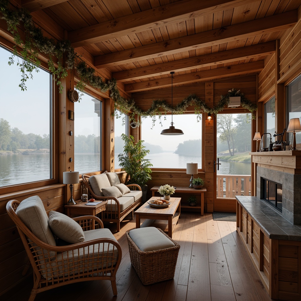 Prompt: Cozy boathouse interior, wooden accents, natural wood tones, rustic textures, nautical-themed decor, vintage boat models, fishing nets, woven wicker furniture, plush cushions, soft warm lighting, large windows, waterfront views, serene lake surroundings, misty mornings, 1/1 composition, shallow depth of field, realistic reflections, ambient occlusion.