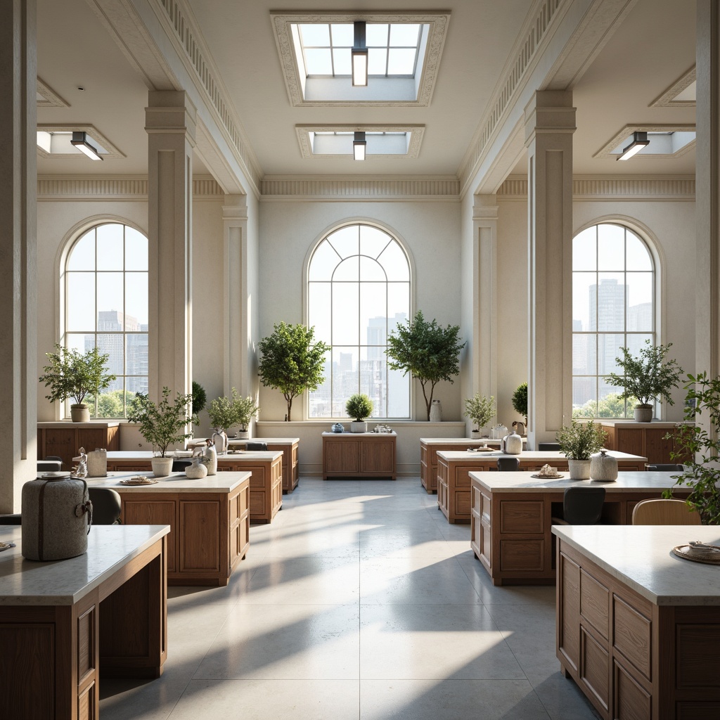 Prompt: Symmetrical laboratory layout, classical architecture, marble countertops, wooden cabinetry, elegant fixtures, high ceilings, large windows, natural light, neutral color palette, minimalist decor, precise equipment arrangement, organized workstations, comfortable seating areas, subtle texture variations, ambient lighting, soft shadows, 1/1 composition, realistic renderings, detailed textures, atmospheric effects.