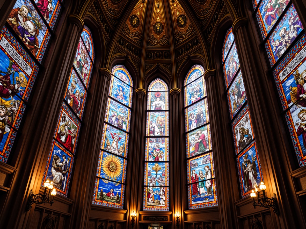 Prompt: Vibrant stained glass windows, geometric patterns, bold colors, opulent decoration, luxurious materials, grandiose cathedral ceilings, intricate mosaics, ornate facades, symmetrical compositions, dramatic lighting effects, rich jewel tones, metallic accents, Byzantine influences, Moorish arches, Islamic geometries, lavish ornamentation, spiritual symbolism, sacred narratives, heavenly ascension, divine illumination, warm golden light, subtle color gradations, ornamental borders, floral motifs, abstract shapes, Art Deco elegance.