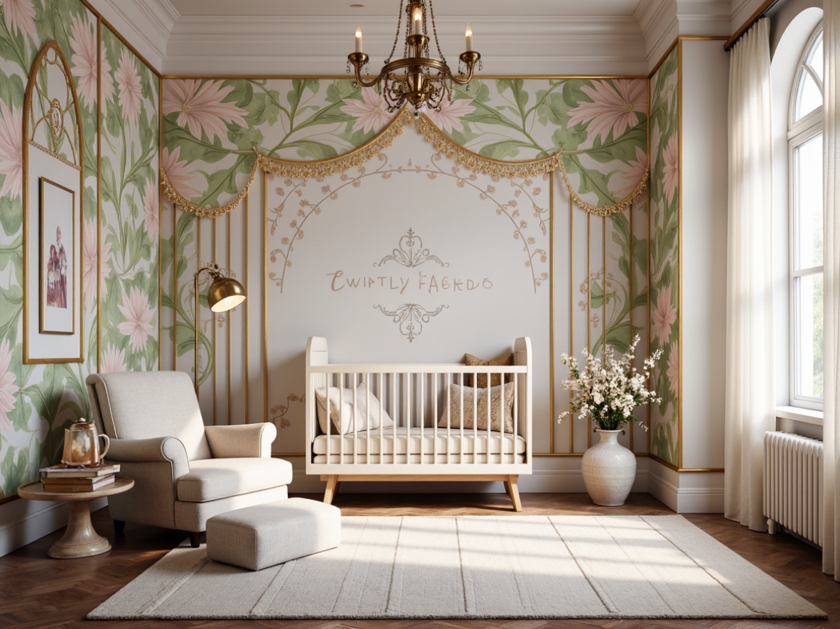 Prompt: Whimsical nursery, soft pastel colors, ornate wall murals, botanical illustrations, flowing organic patterns, metallic gold accents, delicate filigree details, rounded archways, plush velvet fabrics, intricate wooden paneling, stained glass windows, warm candlelight, creamy whites, pale pinks, baby blue hues, elegant chandeliers, distressed finishes, vintage florals, subtle texture overlays, shallow depth of field, 1/1 composition.