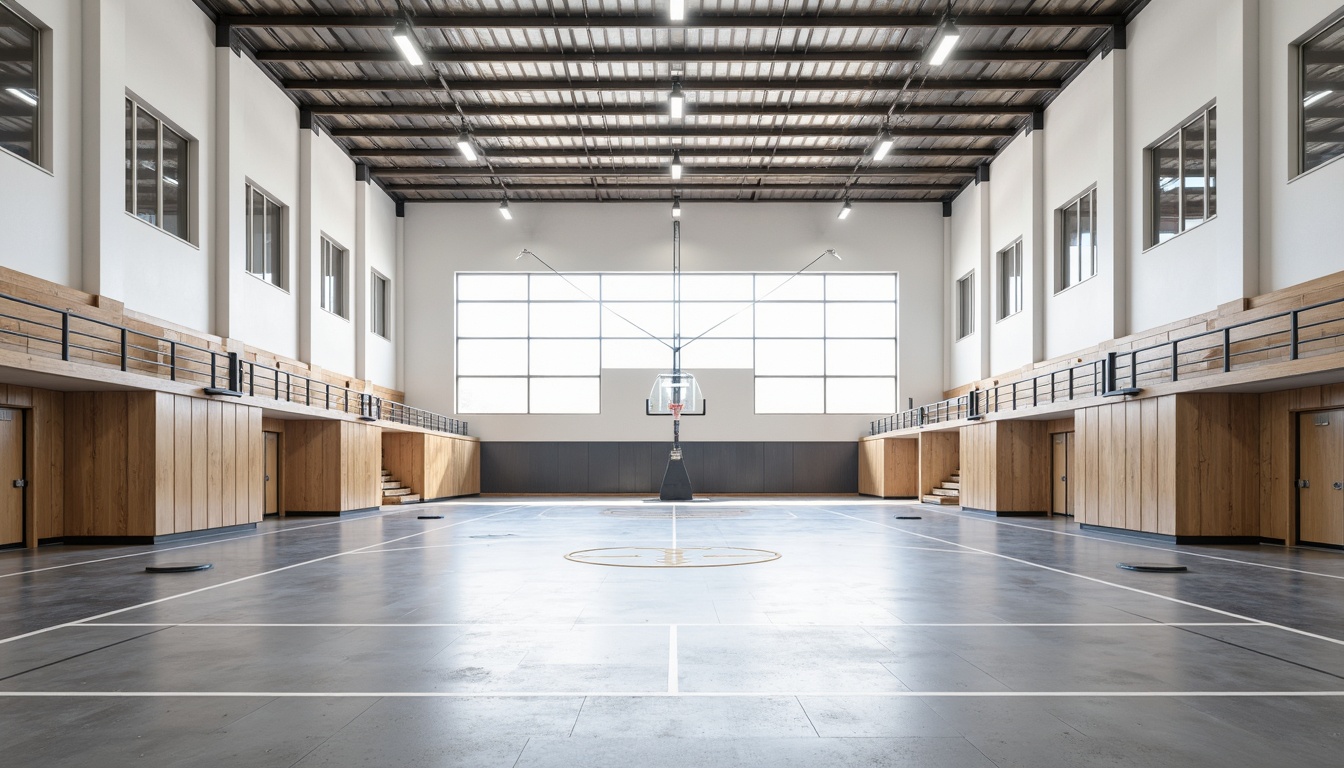 Prompt: Polished concrete floors, white walls, minimalist bleachers, steel beams, industrial pendant lamps, modern basketball hoops, wooden sports equipment, sleek metal lockers, clean lines, natural light, high ceilings, sparse decor, athletic tracks, rubber flooring, stadium seating, simple color scheme, abundant daylight, shallow depth of field, 1/1 composition, realistic textures, ambient occlusion.