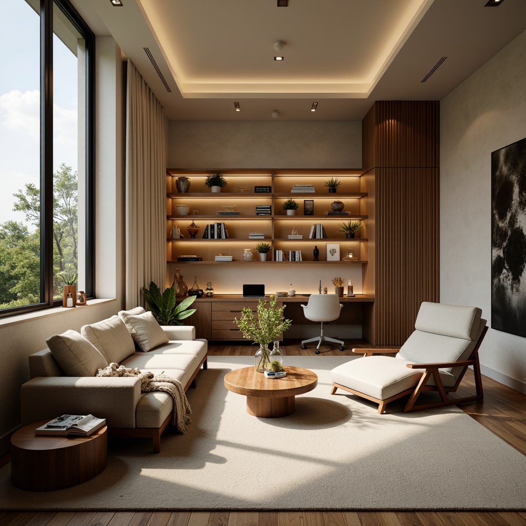 Prompt: Cozy living room, modern sectional sofa, wooden coffee table, minimalist decor, ambient lighting, soft beige carpet, floor-to-ceiling windows, natural ventilation, ergonomic chairs, adjustable desk height, optimized workspace, clutter-free shelving, warm neutral colors, 1/1 composition, shallow depth of field, realistic textures, subtle shadows.