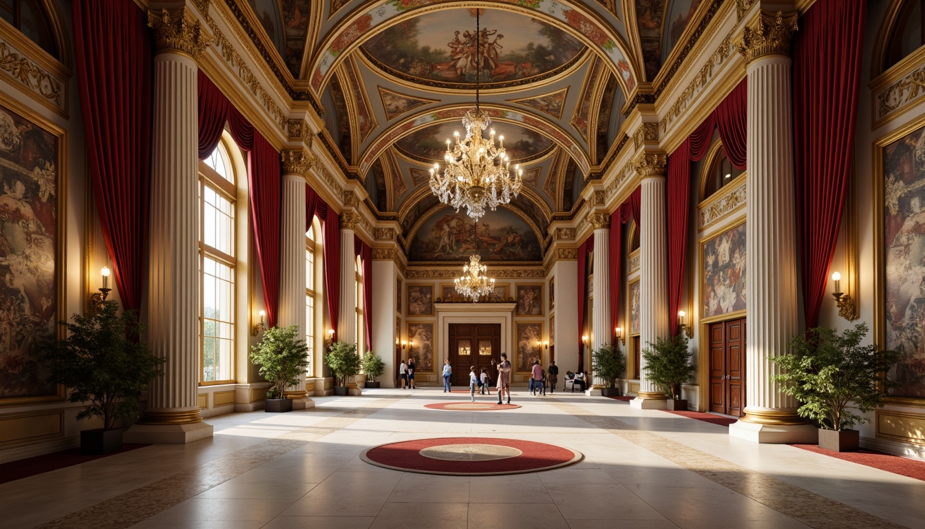 Prompt: Grandiose interior space, ornate columns, classical arches, vaulted ceilings, intricate frescoes, rich velvet drapes, gilded ornaments, carved wooden paneling, polished marble floors, majestic chandeliers, soft warm lighting, subtle shadowing, 1/1 composition, symmetrical layout, realistic textures, ambient occlusion.