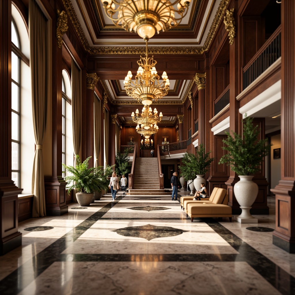 Prompt: Marble floors, high-gloss finish, ornate inlays, intricate patterns, classical columns, grand chandeliers, luxurious textiles, rich wood tones, polished bronze accents, stately furnishings, imposing archways, sweeping staircases, ornamental moldings, soft warm lighting, subtle gradient effects, atmospheric depth of field, 1/2 composition, cinematic view, highly detailed textures, ambient occlusion.