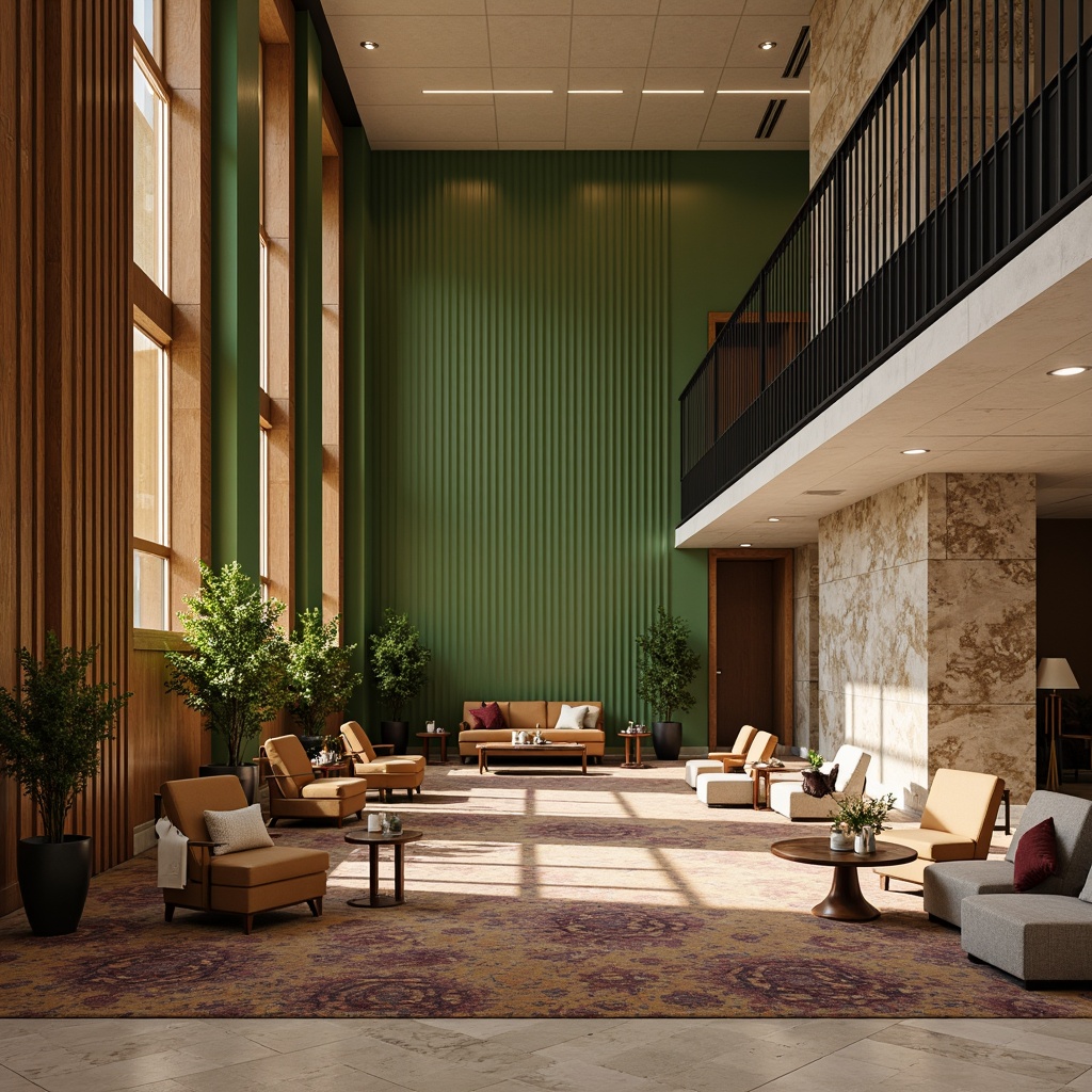 Prompt: Luxurious lobby, marble floors, rich wood accents, plush carpets, sleek metal railings, vibrant green walls, natural stone columns, dramatic ceiling heights, warm cozy lighting, soft shadows, 3/4 composition, shallow depth of field, realistic textures, ambient occlusion.