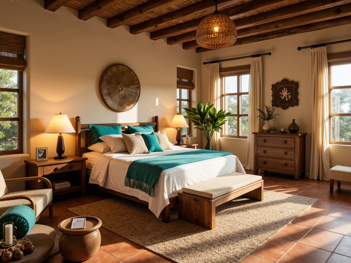 Prompt: Southwestern bedroom, warm beige walls, rustic wood furniture, woven textiles, vibrant turquoise accents, earthy terracotta floors, natural fiber rugs, pendant lanterns, wrought iron chandeliers, soft warm lighting, table lamps with terra cotta shades, floor lamps with rattan details, candles in mercury glass holders, sunny afternoon light, shallow depth of field, 1/1 composition, realistic textures, ambient occlusion.