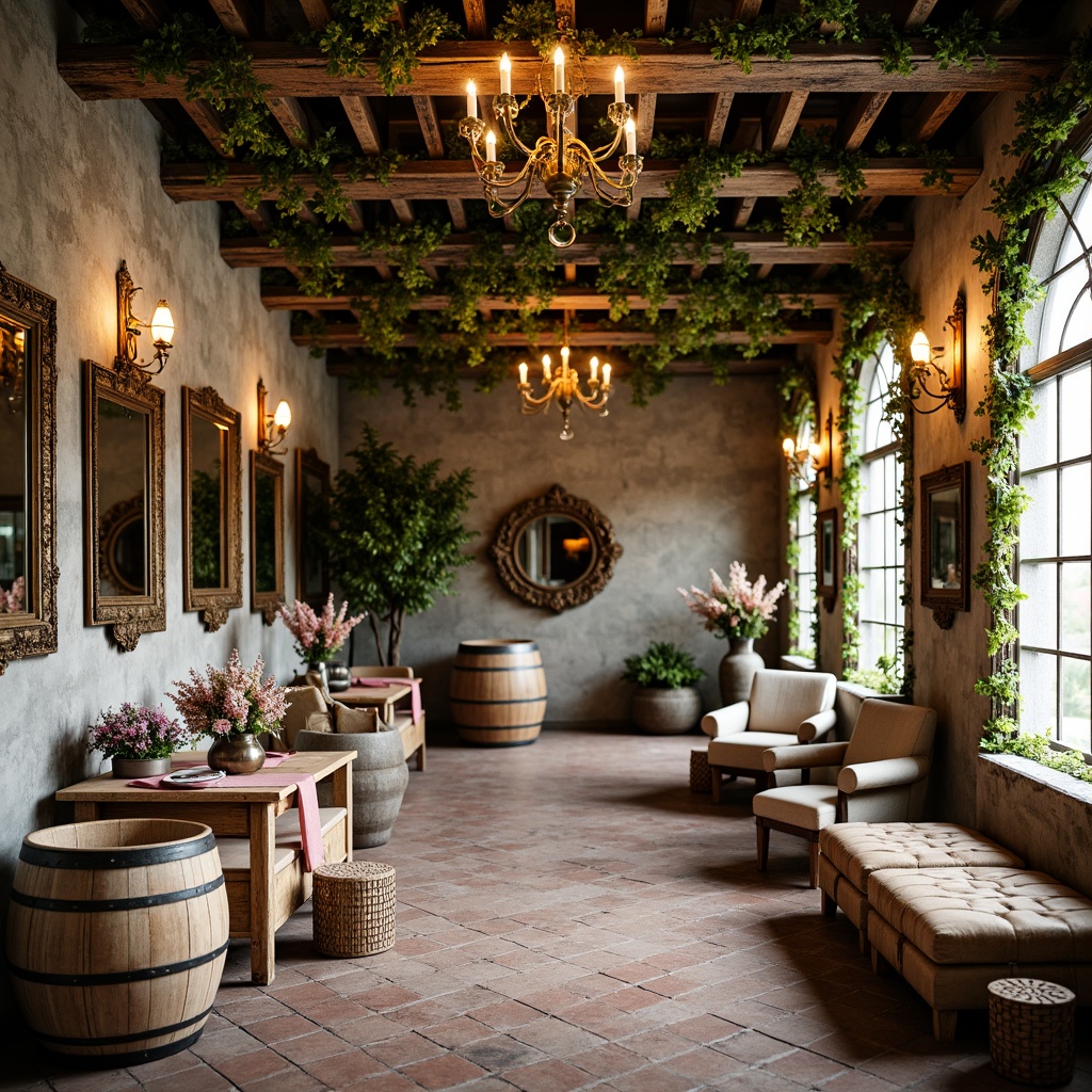 Prompt: Rustic winery, distressed wood accents, vintage metal decor, soft warm lighting, earthy tones, weathered stone walls, lush green vines, blooming flowers, elegant chandeliers, ornate mirrors, plush furnishings, natural fabrics, faded pastel colors, muted neutrals, blush pinks, mauve undertones, golden yellows, creamy whites, rich wood grains, worn leather textures, whimsical patterns, romantic ambiance, soft focus, 1/1 composition, warm color harmony, subtle gradations.