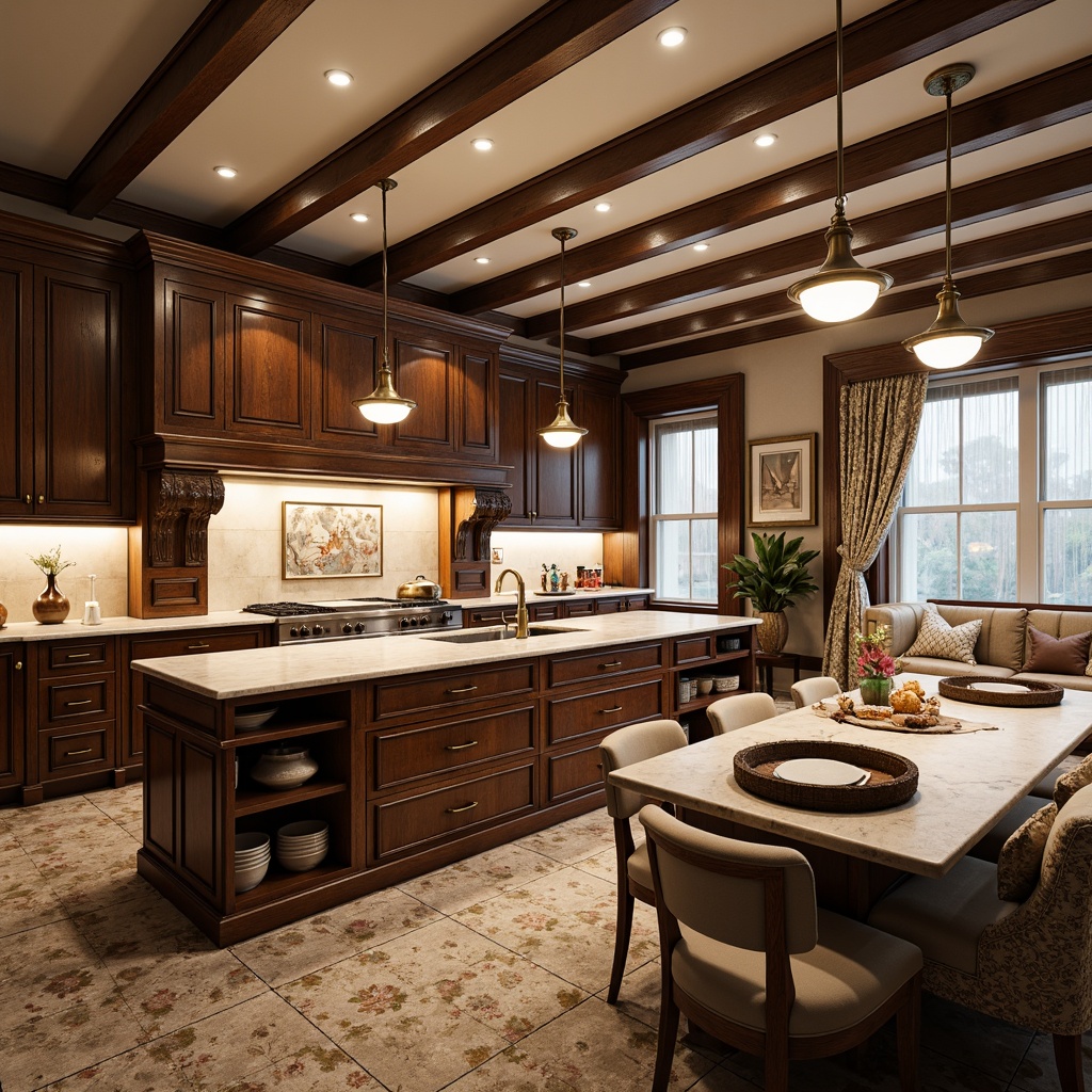 Prompt: Elegant kitchen island, ornate cabinetry, rich wood tones, classic pendant lights, soft cream countertops, warm beige backsplash, luxurious velvet drapes, intricate floral patterns, subtle sheen fabrics, tufted upholstery, vintage bronze hardware, distressed wooden beams, ambient warm lighting, shallow depth of field, 1/1 composition, realistic textures, ornate moldings.