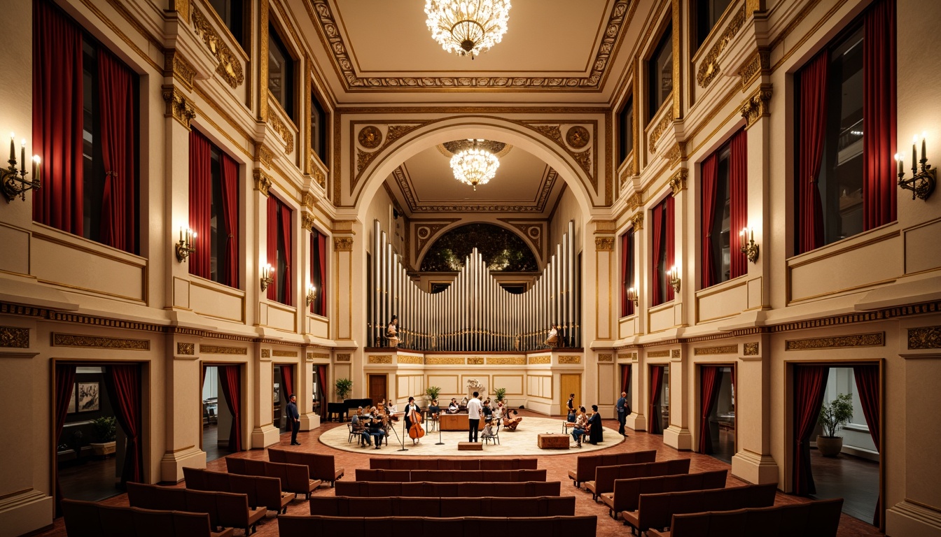 Prompt: Elegant concert hall, ornate gold accents, intricate moldings, grand chandeliers, rich wood paneling, velvet curtains, refined seating areas, acoustic soundboards, precision-tuned instruments, neoclassical architectural details, high ceilings, expansive windows, natural light pouring in, warm beige tones, sophisticated ambiance, soft warm lighting, shallow depth of field, 3/4 composition, realistic textures, ambient occlusion.