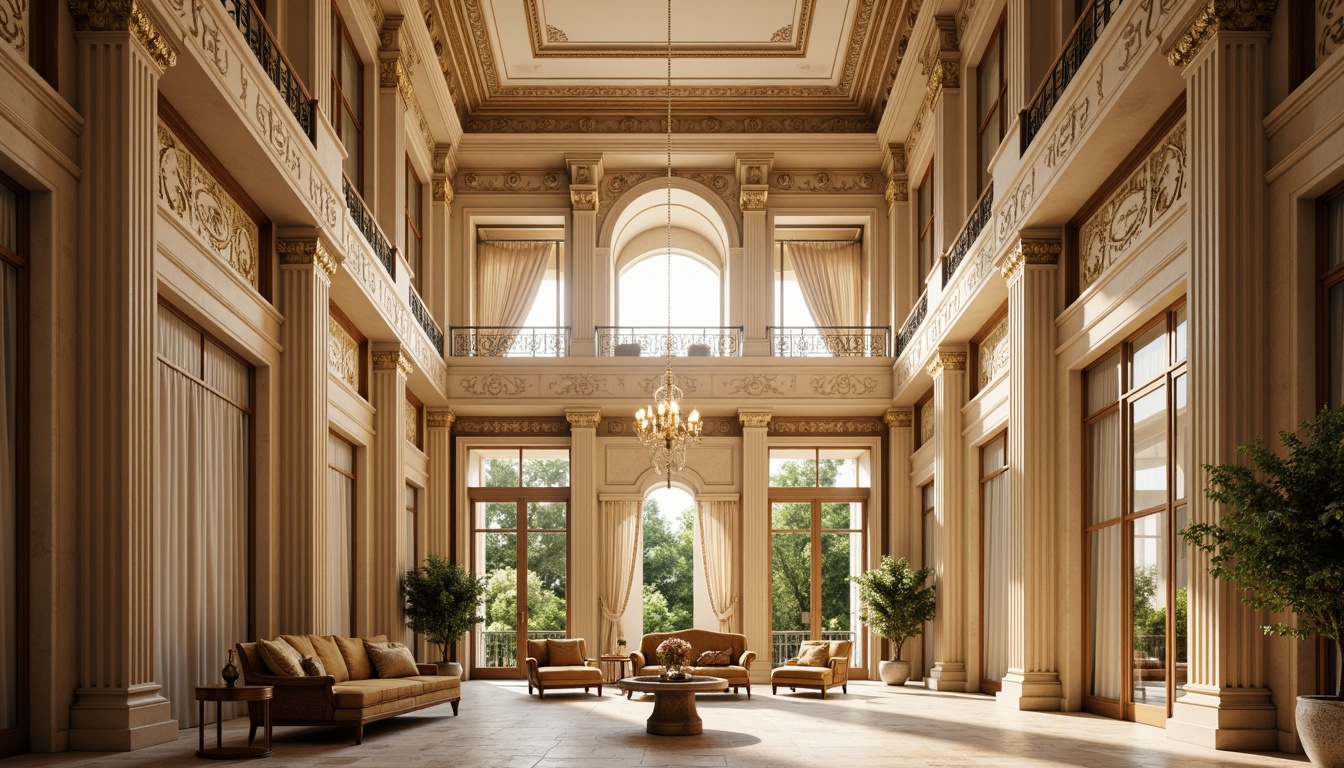 Prompt: Elegant neoclassical architecture, ornate columns, intricately carved details, rich wood tones, luxurious fabrics, soft golden lighting, creamy whites, warm beige hues, muted greens, subtle bronze accents, refined marble textures, sophisticated chandeliers, grand staircases, opulent furnishings, lavish drapery, stately proportions, symmetrical composition, 1/1 aspect ratio, natural light diffusion, atmospheric perspective.