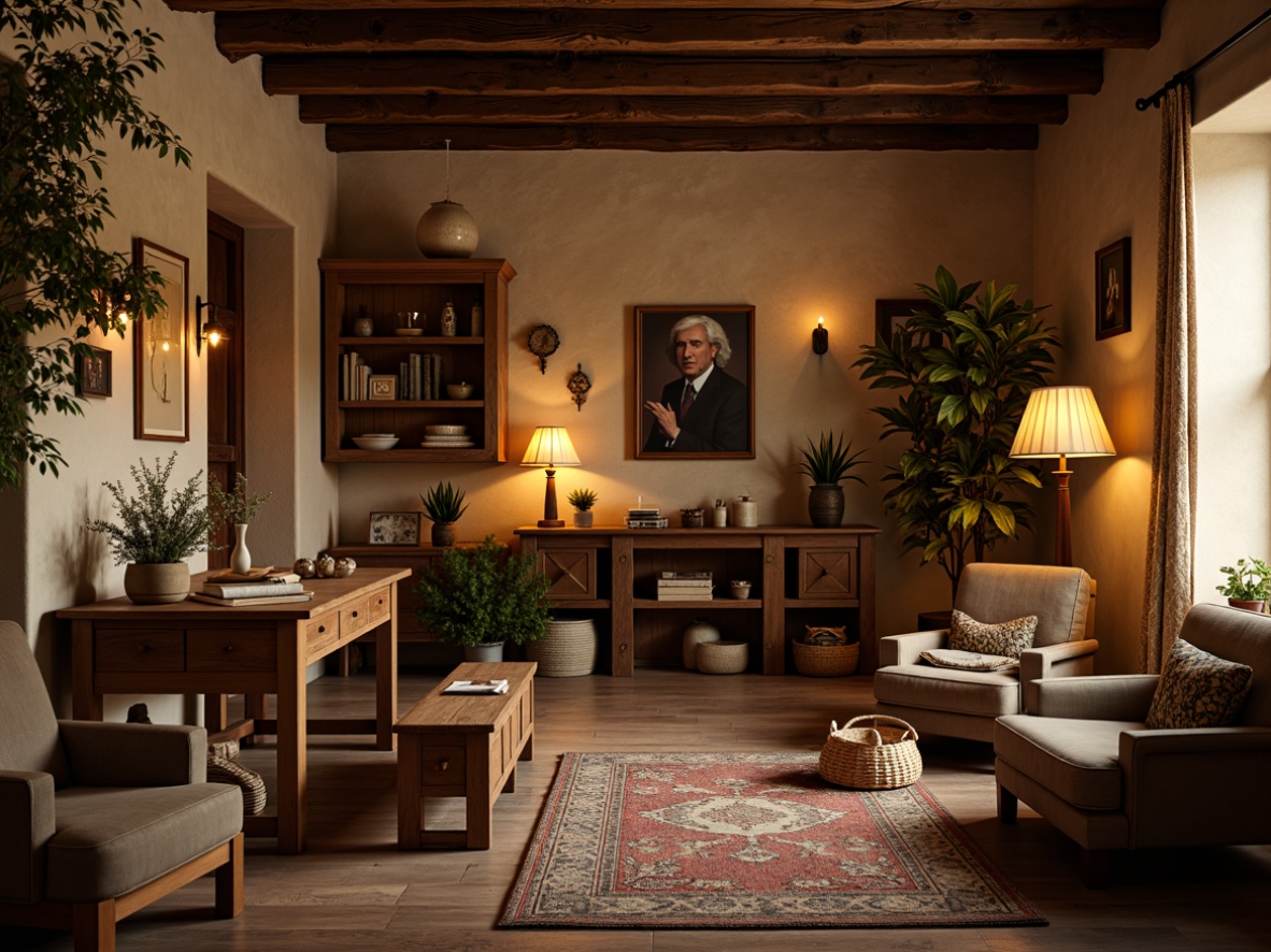 Prompt: Warm Renaissance-style craft room, rustic wooden furniture, vintage decorative items, soft warm lighting, table lamps, floor lamps, pendant lights, warm beige walls, distressed wood accents, cozy atmosphere, intimate setting, natural materials, earthy tones, rich textures, subtle shadows, warm color palette, 1/1 composition, realistic rendering, ambient occlusion.