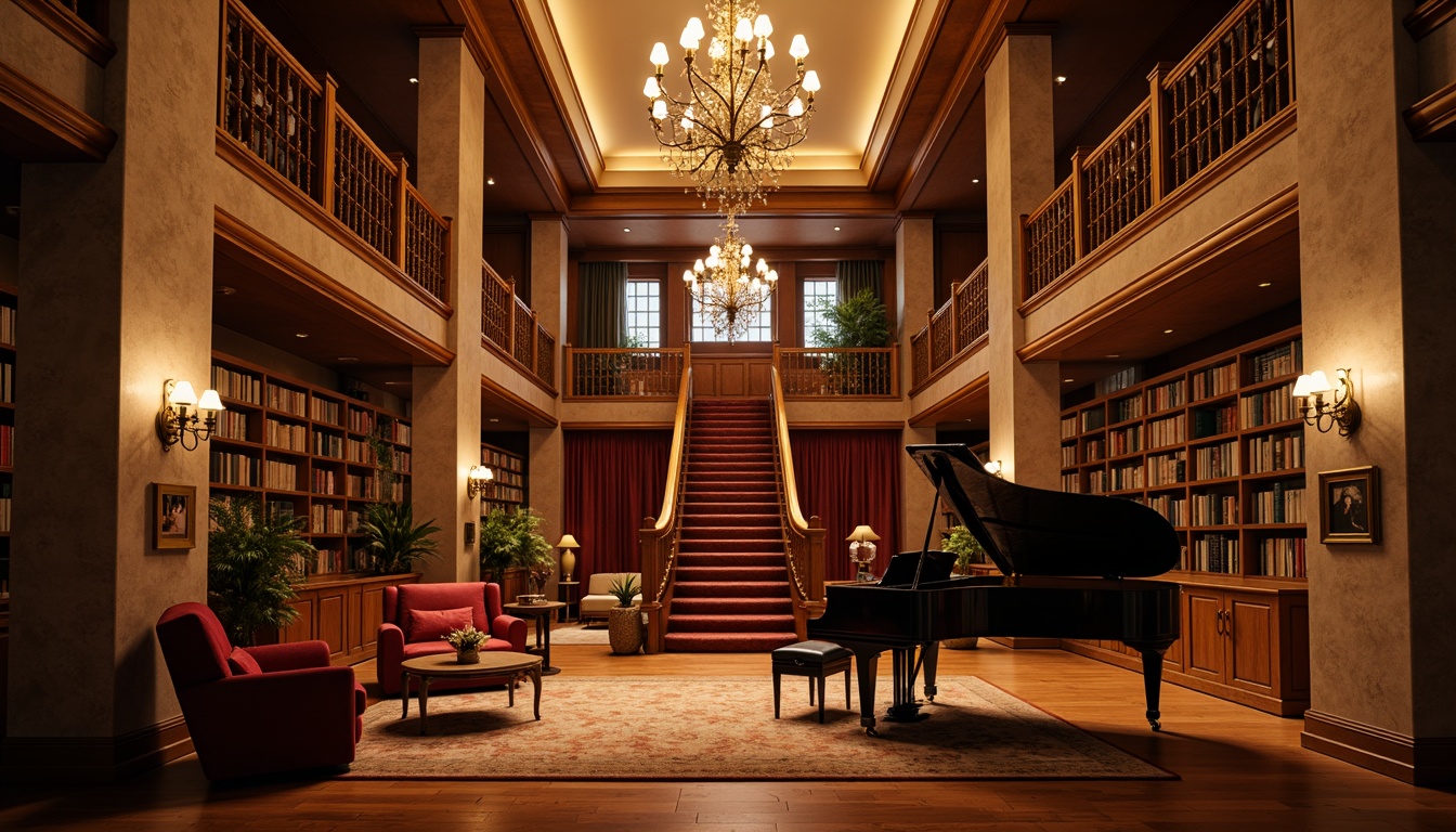 Prompt: Rich wood tones, warm golden lighting, comfortable velvet fabrics, classic grand pianos, ornate chandeliers, elegant staircases, refined stone columns, sophisticated acoustic panels, intimate stage settings, plush crimson curtains, polished brass fixtures, nostalgic vintage instruments, cozy library atmospheres, warm beige walls, soft cream accents, subtle texture overlays, realistic wood grain details, atmospheric misty lighting, 1/2 composition, medium depth of field, cinematic color grading.