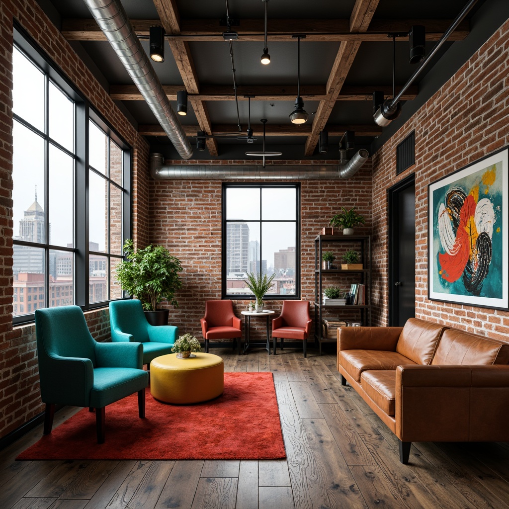 Prompt: Exposed brick walls, metal beams, reclaimed wood floors, industrial lighting fixtures, bold color accents, vibrant turquoise chairs, bright yellow ottomans, deep crimson rugs, rich emerald greenery, modern abstract artwork, sleek metal shelving units, distressed leather sofas, urban cityscape views, cloudy gray skies, warm softbox lighting, shallow depth of field, 1/1 composition, realistic textures, ambient occlusion.