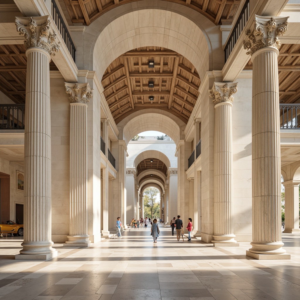 Prompt: Grandiose classical columns, ornate capitals, fluted shafts, Corinthian leaf patterns, majestic arches, symmetrical facades, limestone materials, creamy white marble, rustic stone textures, soft warm lighting, shallow depth of field, 3/4 composition, panoramic view, realistic reflections, ambient occlusion, elegant proportion, harmonious balance, refined details, intricate carvings, subtle shading.