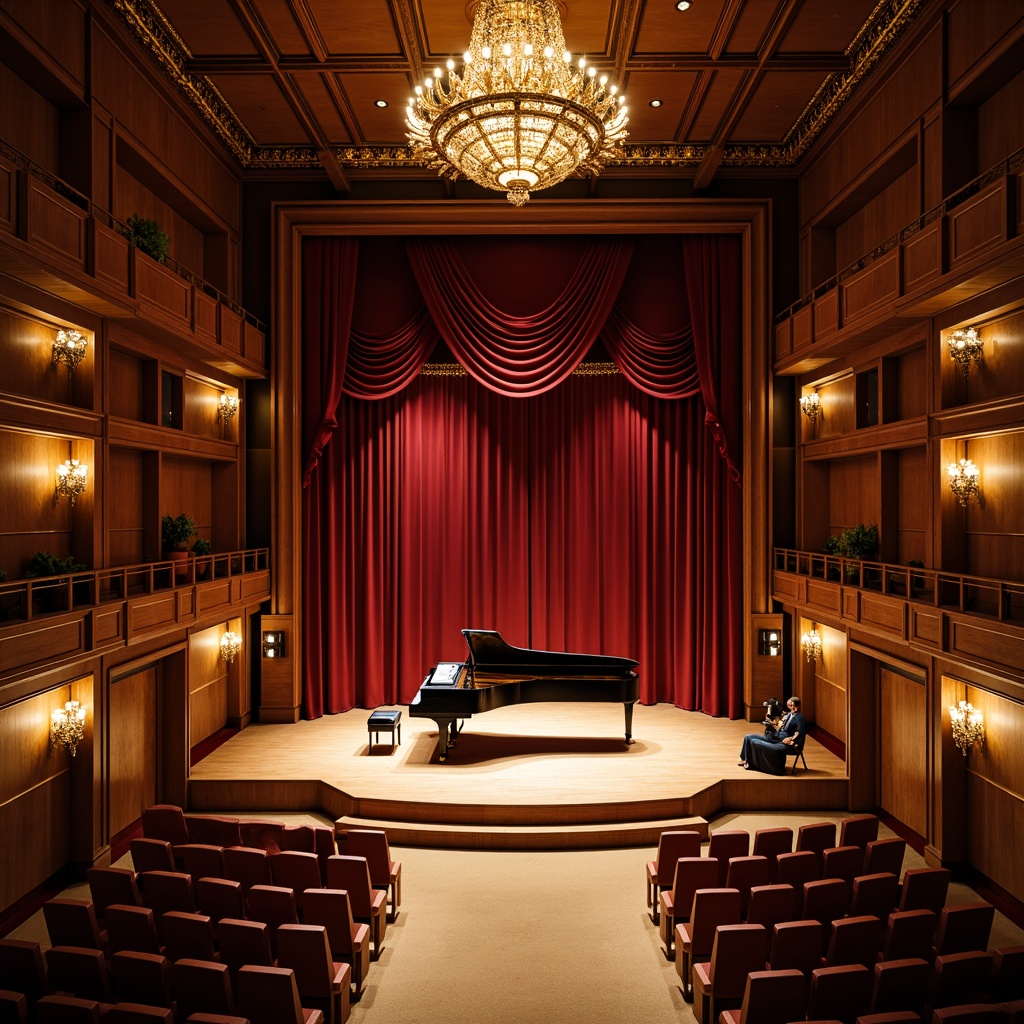 Prompt: Intimate music hall, ornate wooden paneling, rich velvet drapes, polished grand piano, spotlights on stage, tiered seating, warm beige carpeting, acoustic soundproofing, elegant chandeliers, classic architectural details, refined interior design, soft golden lighting, shallow depth of field, 1/2 composition, realistic textures, ambient occlusion, subtle wood grain patterns, luxurious upholstery fabrics, ornamental metalwork details.